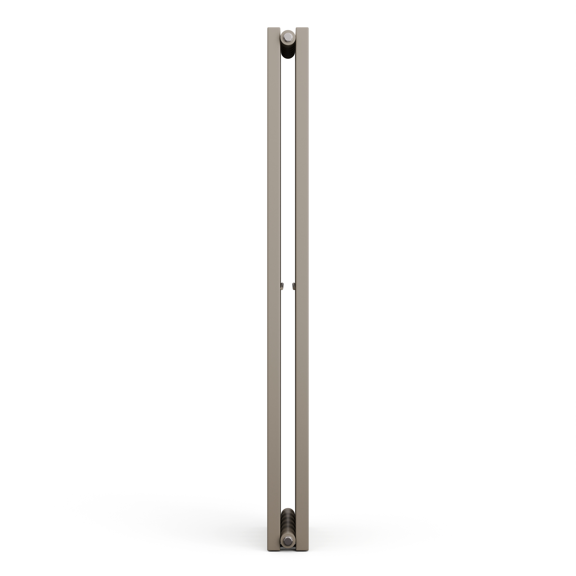Un radiatore alto e verticale con due barre verticali, colore beige e sfondo bianco.