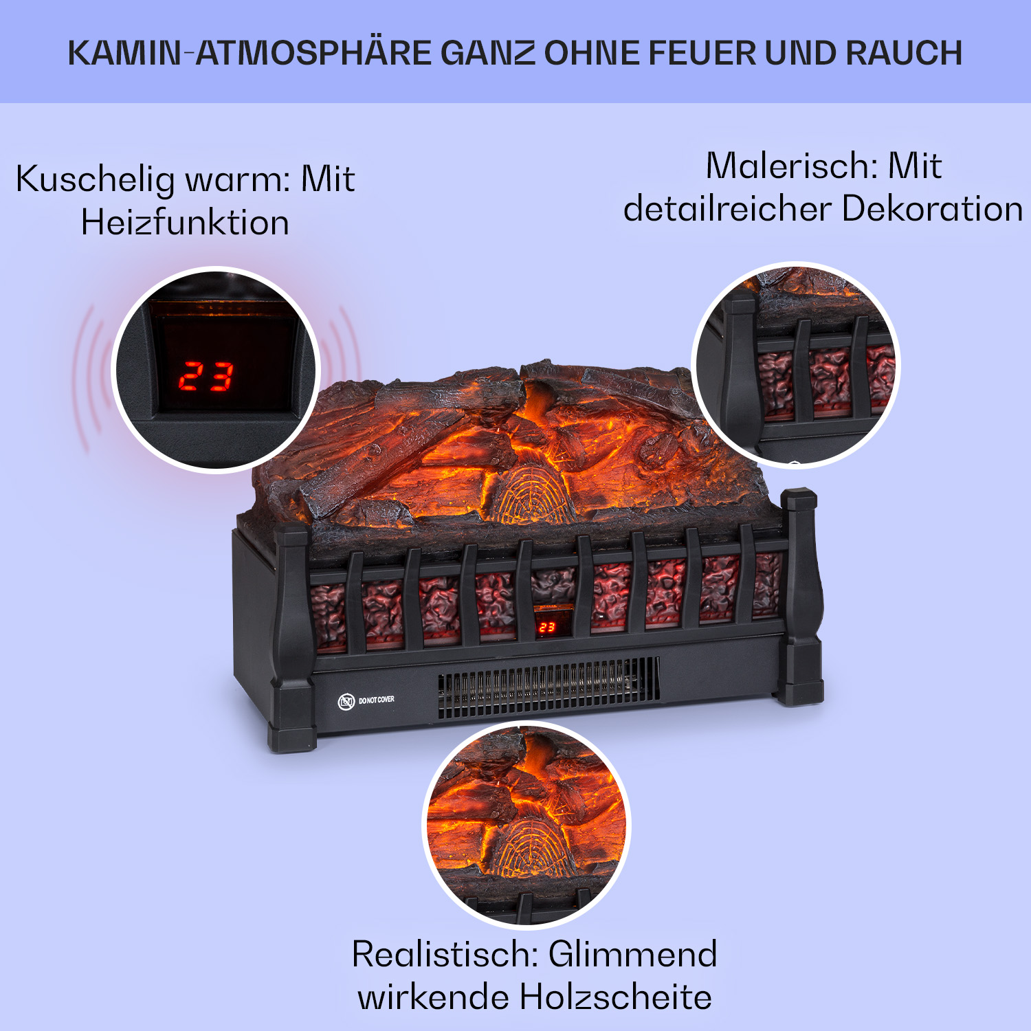 Nahaufnahme eines Elektrokamins mit Flammen und Digitalanzeige. Text auf Deutsch. Blauer Hintergrund.