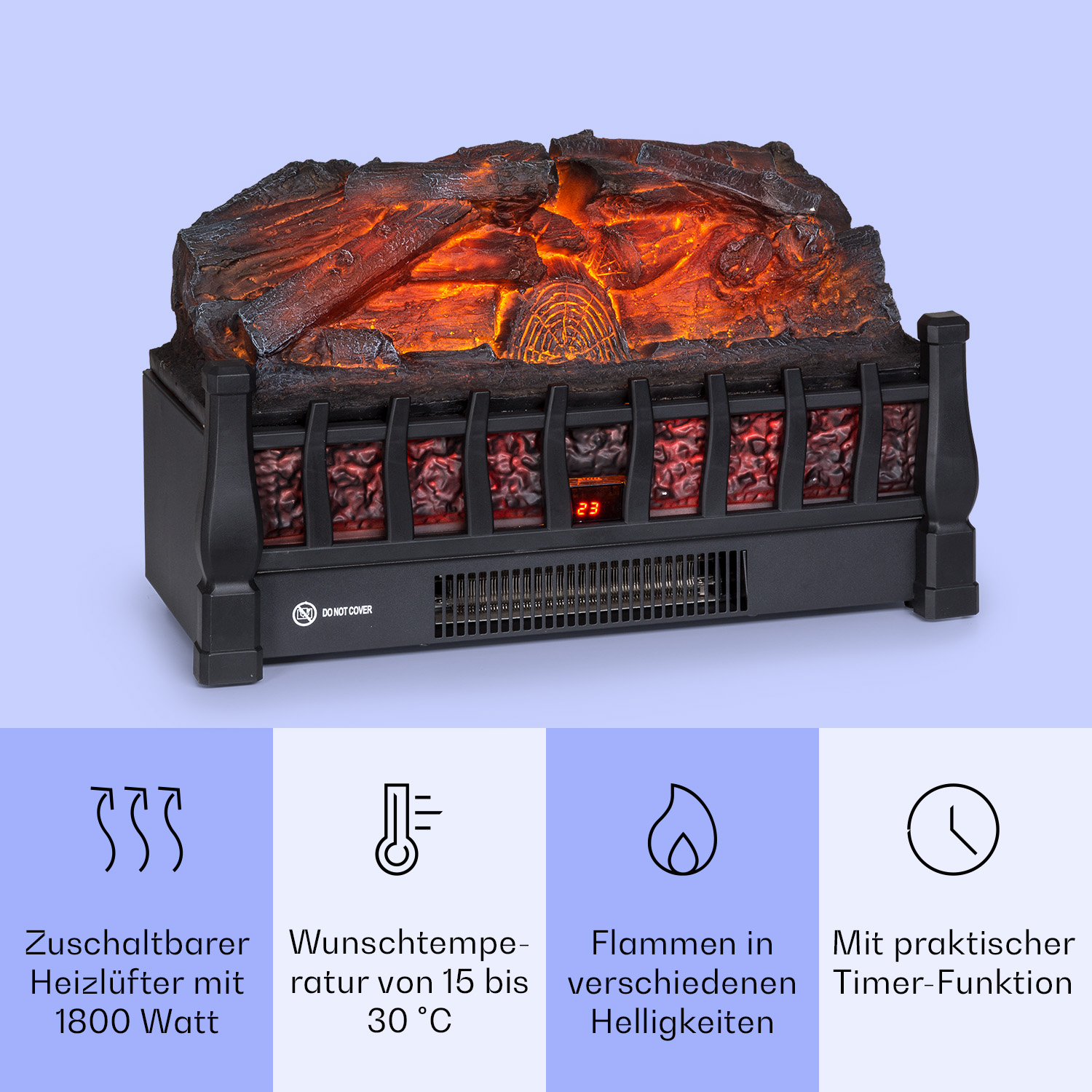 Elektrischer Kamin mit glühendem Holzfeuer und Digitalanzeige.