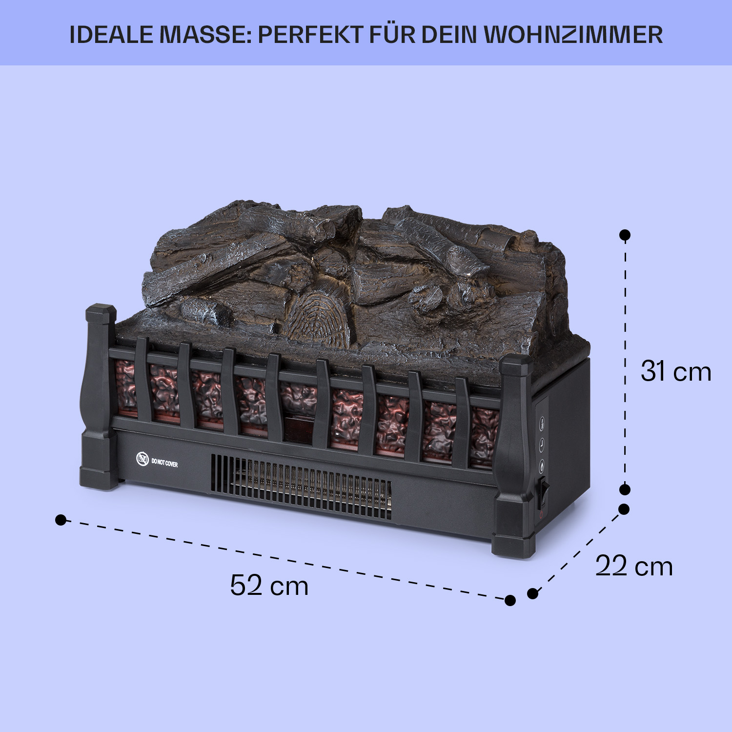 Elektrischer Kamin mit Maßen: 52 cm breit, 31 cm hoch und 22 cm tief. Der Kamin ist schwarz.