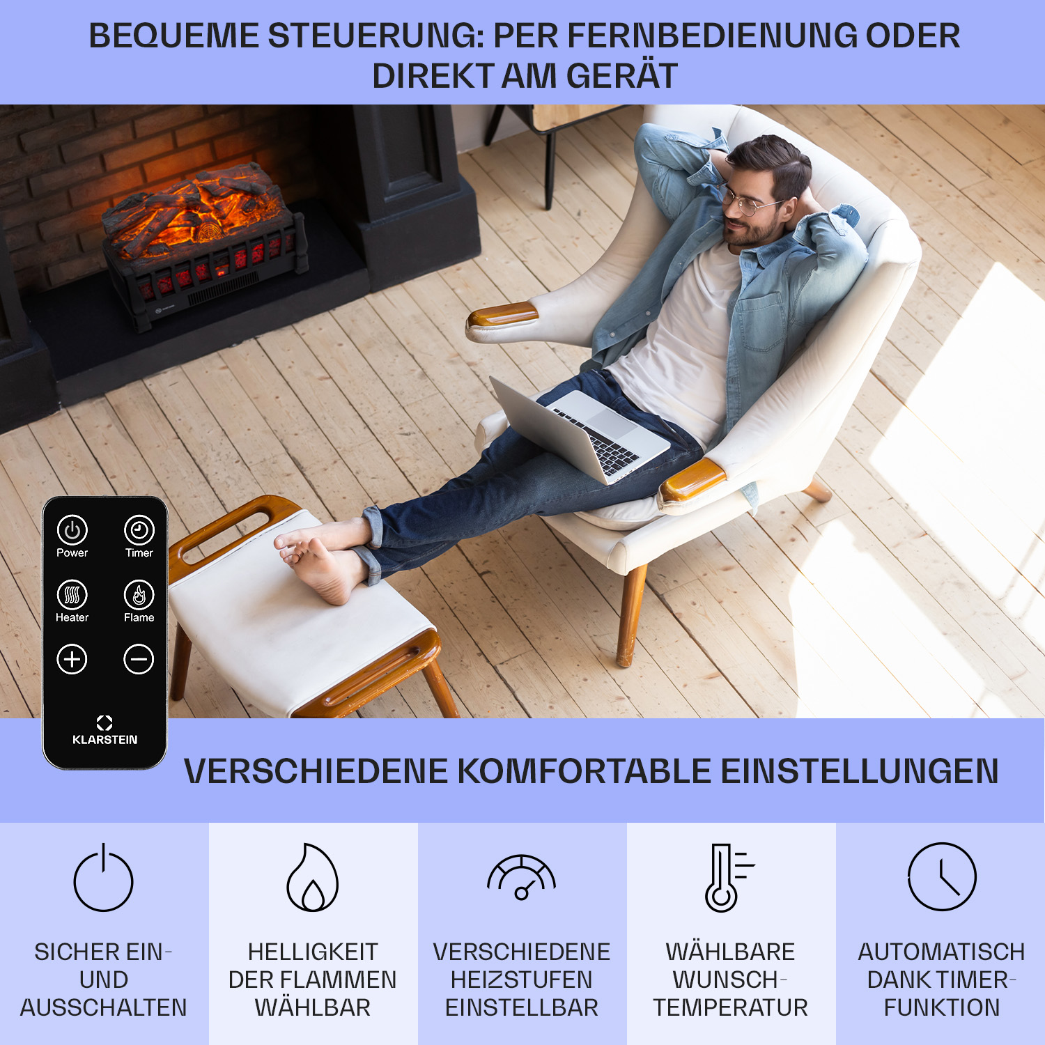 Ein Mann sitzt in einem Sessel mit Laptop, neben einem Elektrokamin.