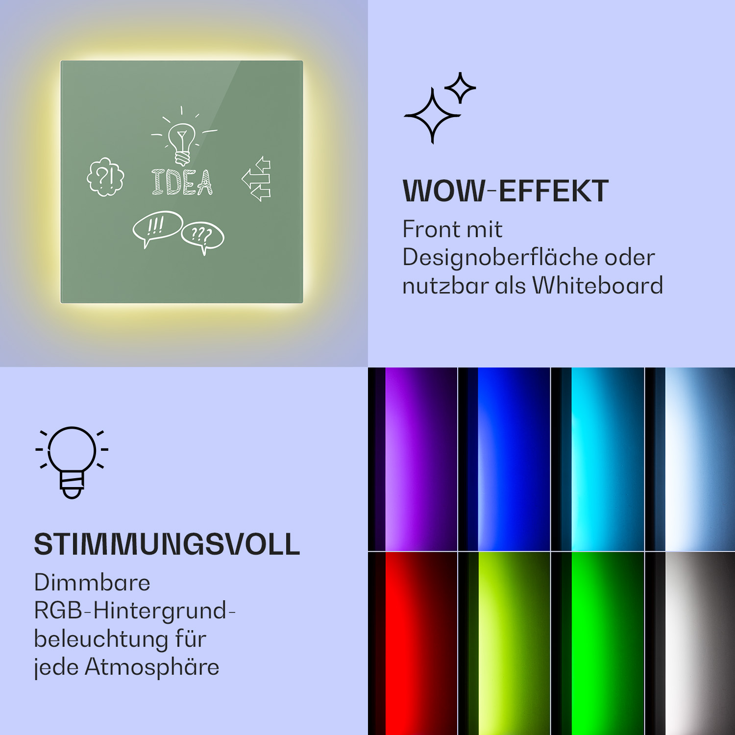 Immagine promozionale con una lavagna con disegni e opzioni di retroilluminazione colorata.