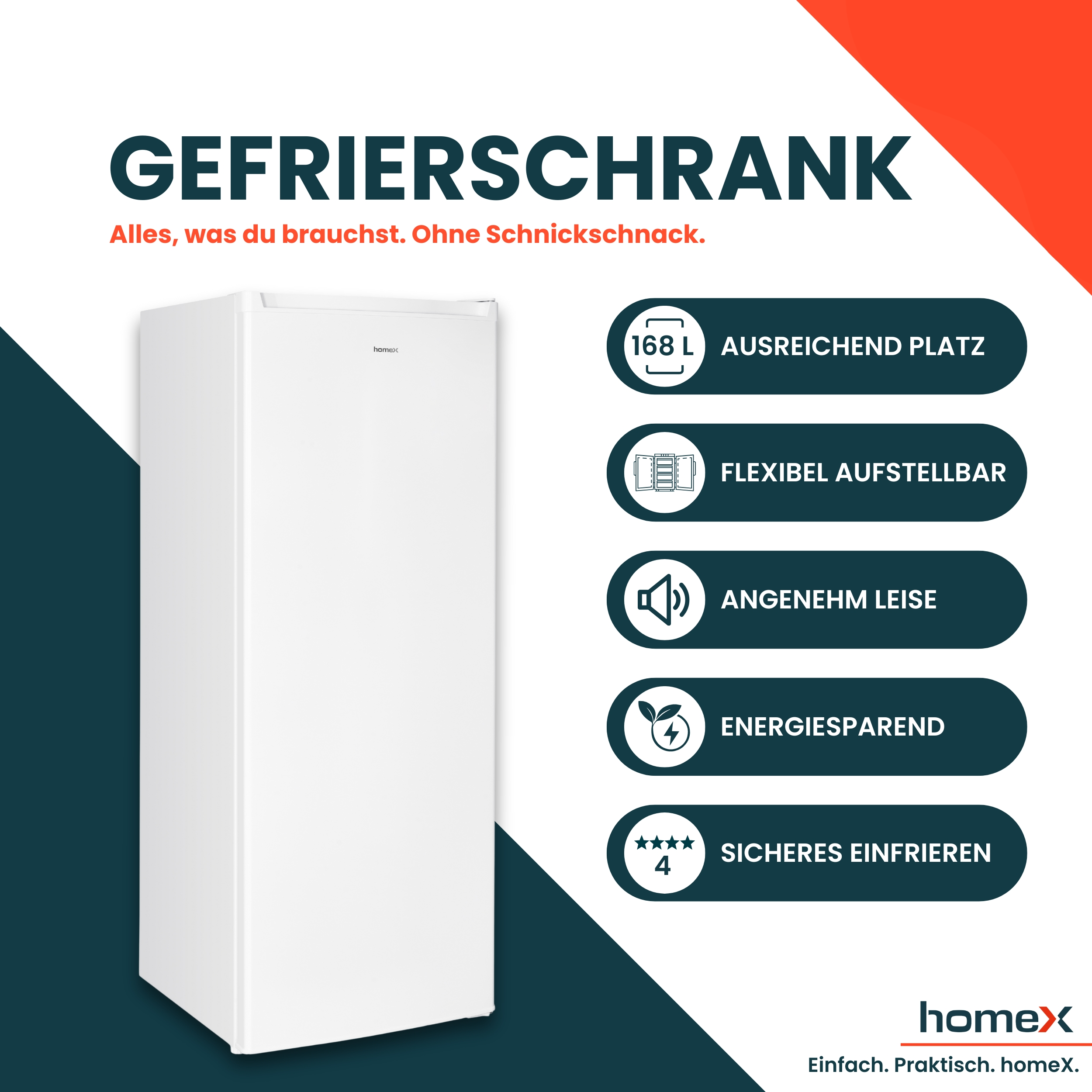 Werbebild für einen weißen Gefrierschrank, das seine Funktionen und Vorteile hervorhebt.