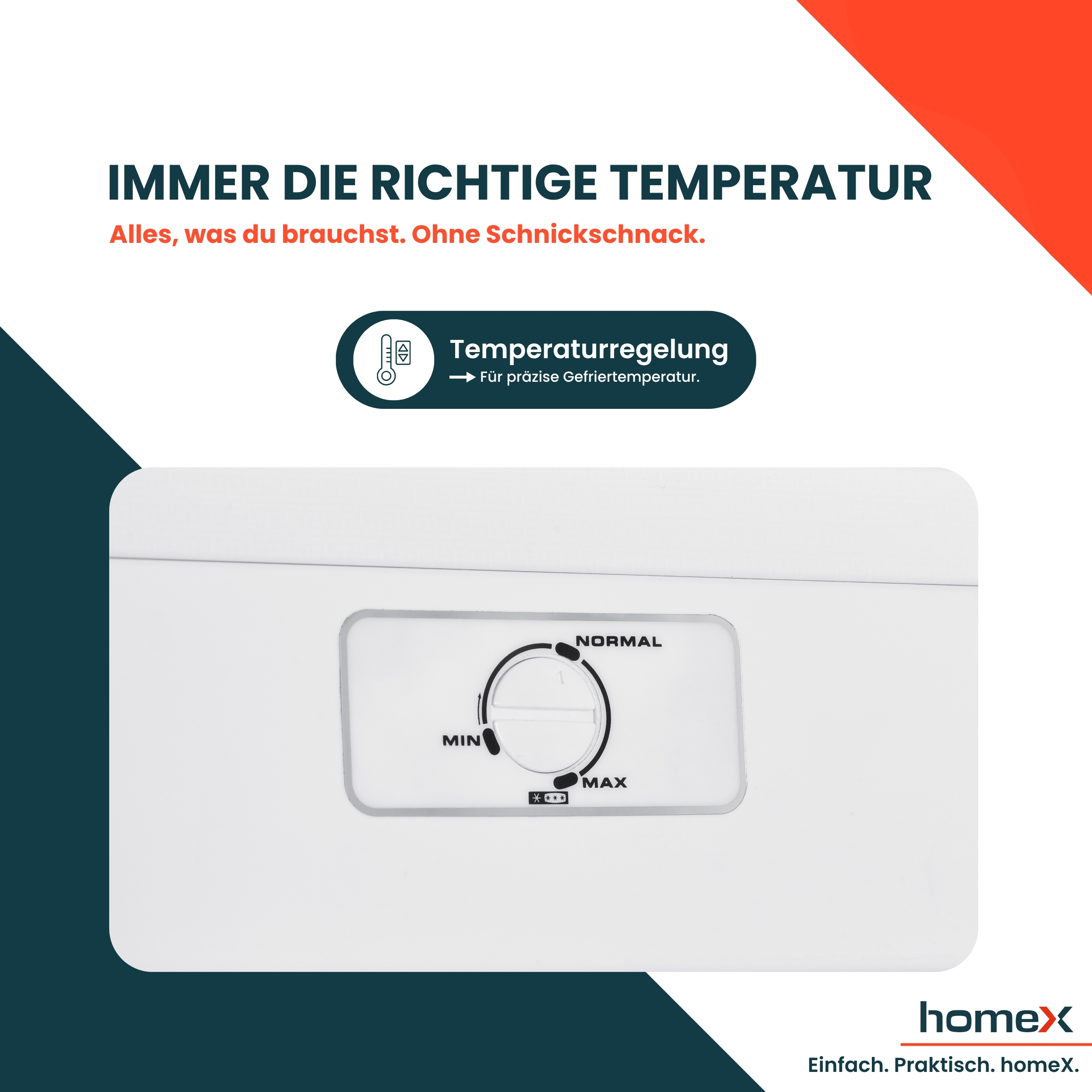 Ein weißes Gerät mit einem Temperaturregelungsrad. Text: 'Immer die richtige Temperatur' und 'Temperaturregelung'.