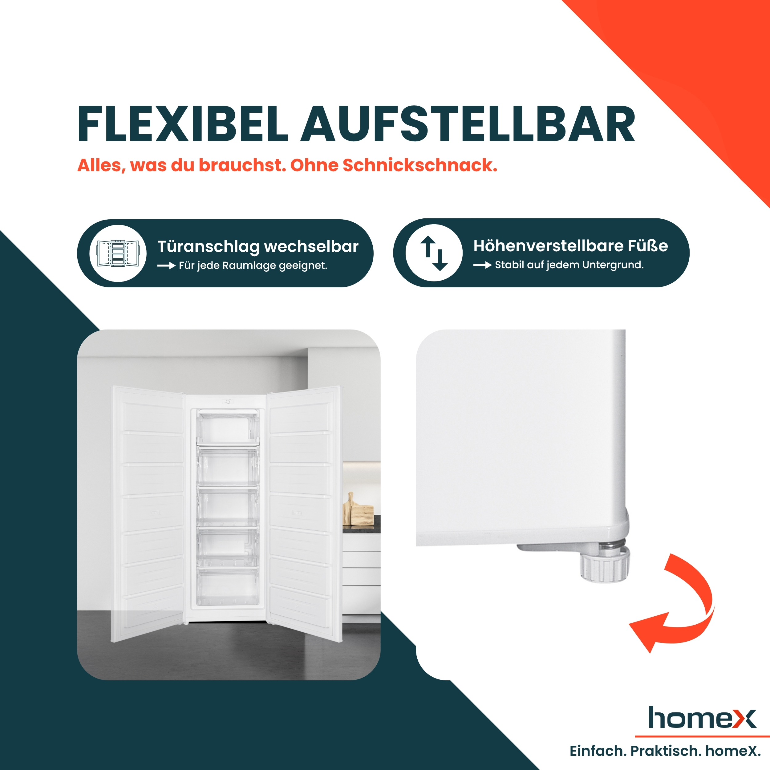 Werbebild, das den flexiblen Aufbau eines weißen Gefrierschranks mit verstellbaren Füßen zeigt.
