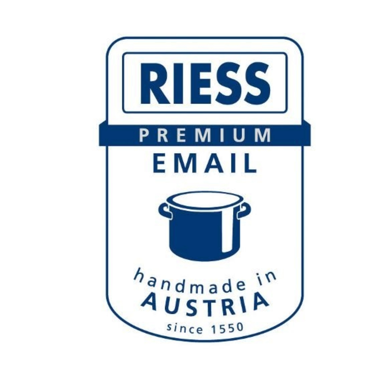 Ein weißes Etikett mit dem blauen RIESS-Logo und Text: PREMIUM EMAIL, handgefertigt in Österreich seit 1550.