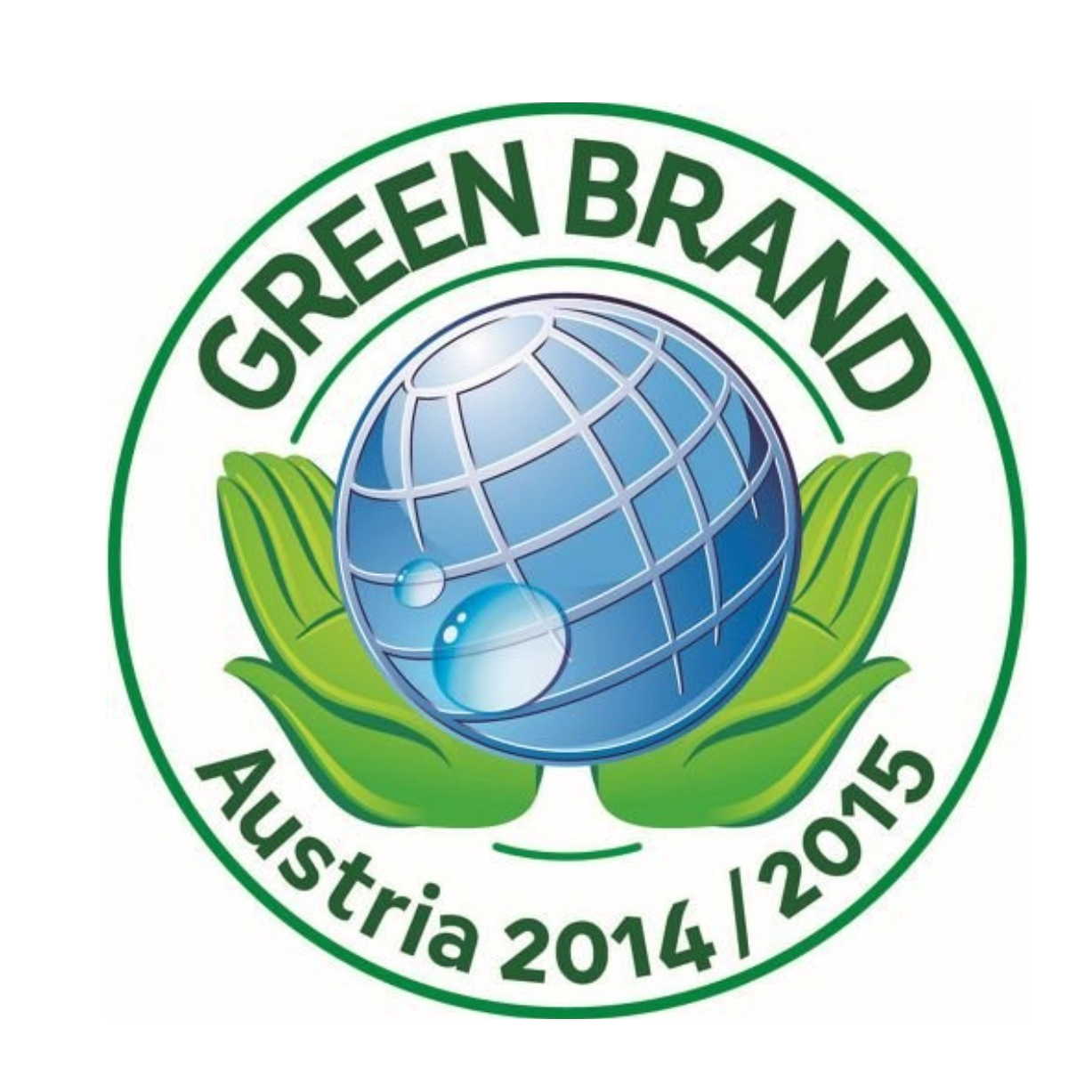 Green Brand Austria 2014/2015 Logo. Globus in einem grünen Kreis, gehalten von grünen Händen. Text oben und unten.