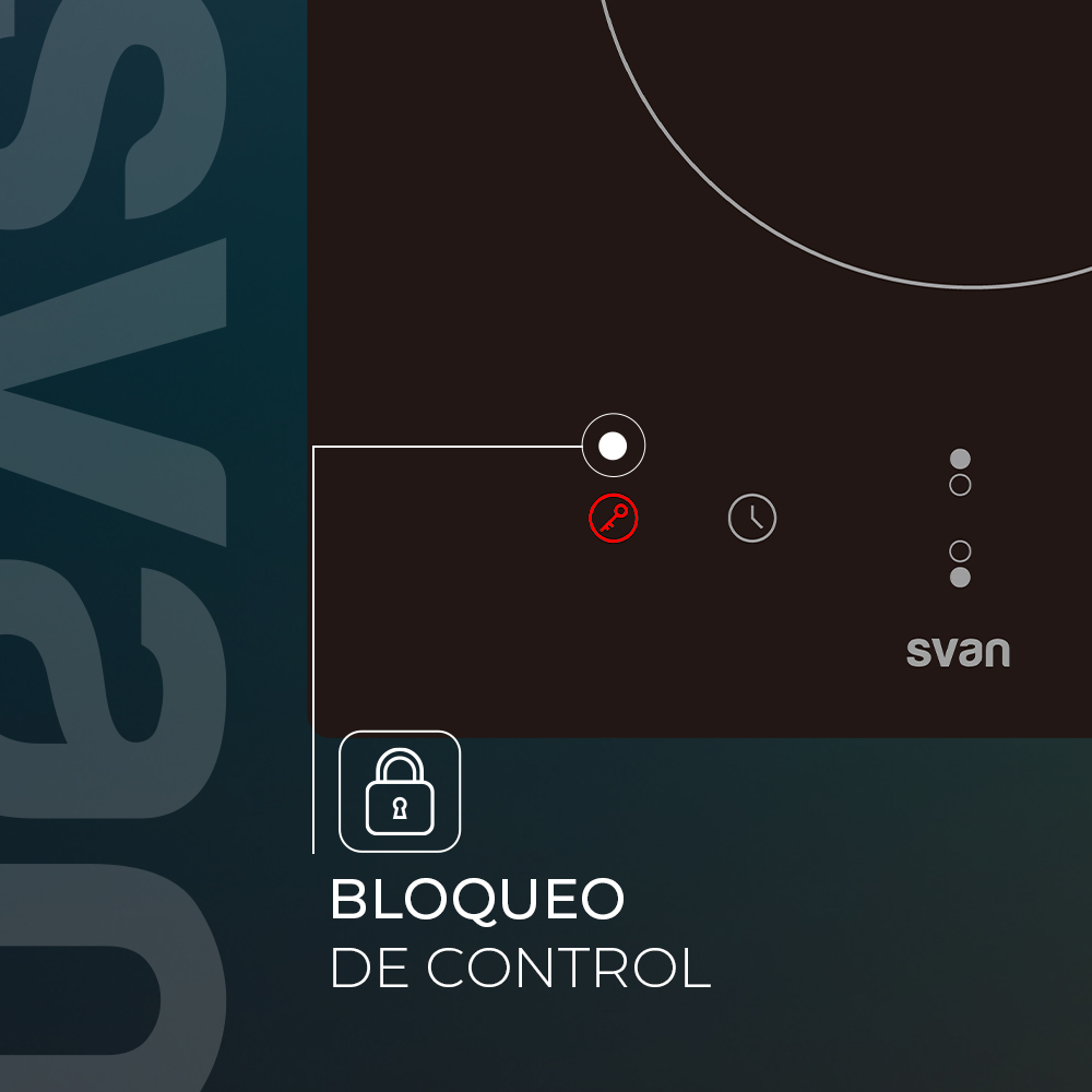 Primer plano de una estufa negra. Tiene un icono de candado rojo y botones blancos con la palabra 'Svan'. Texto: 'Bloqueo de control'.