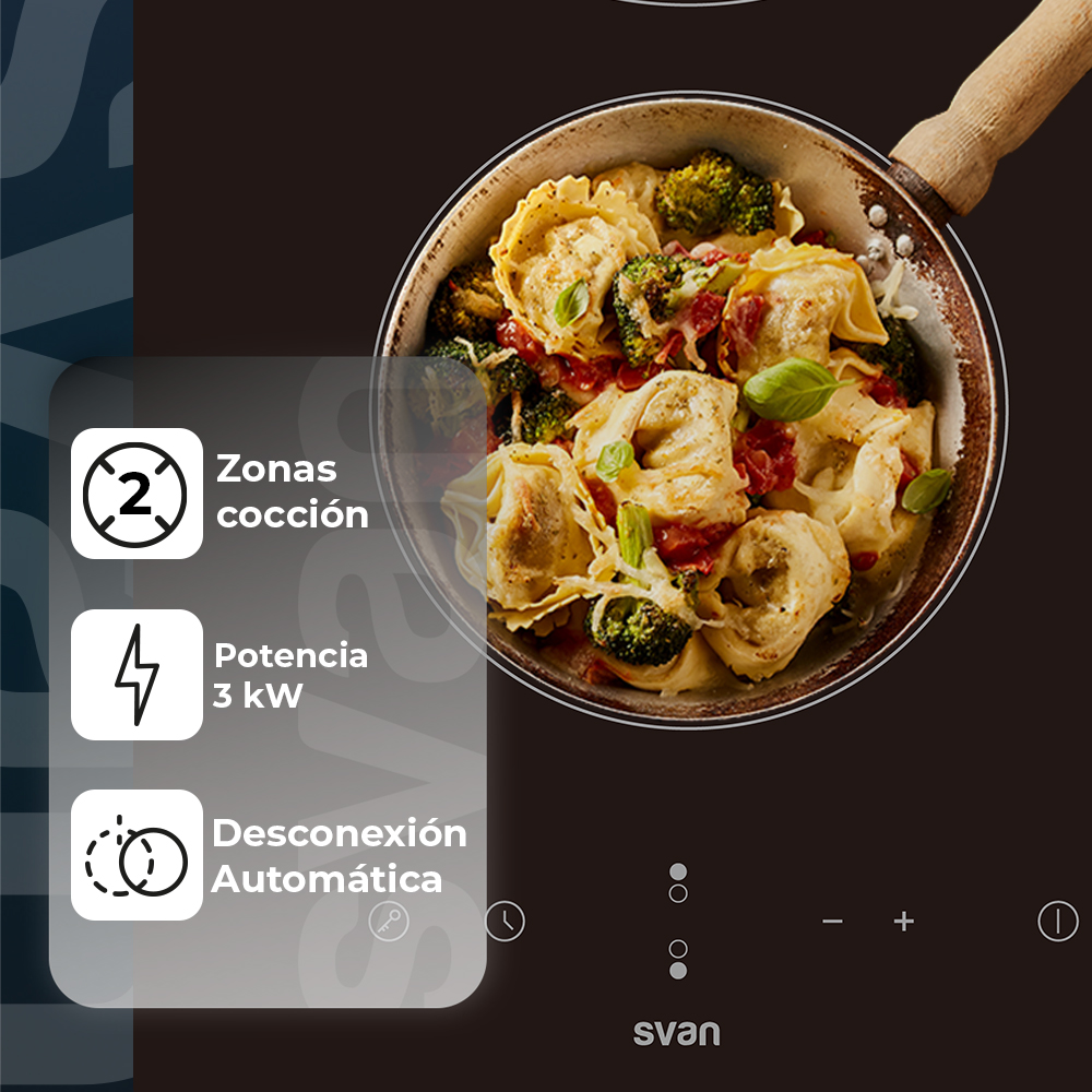 Una encimera negra con una sartén con comida. El texto dice '2 zonas de cocción', 'Potencia 3kW' y 'Desconexión automática'.