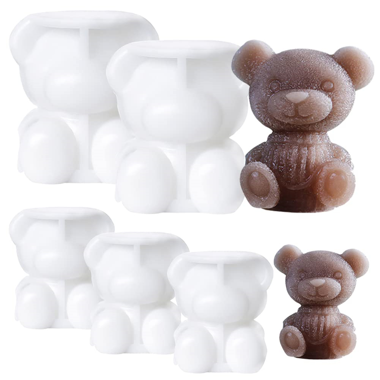 Eine Darstellung von weißen und braunen Bären-förmigen Eiswürfelformen, mit zwei braunen Eisbären oben rechts.