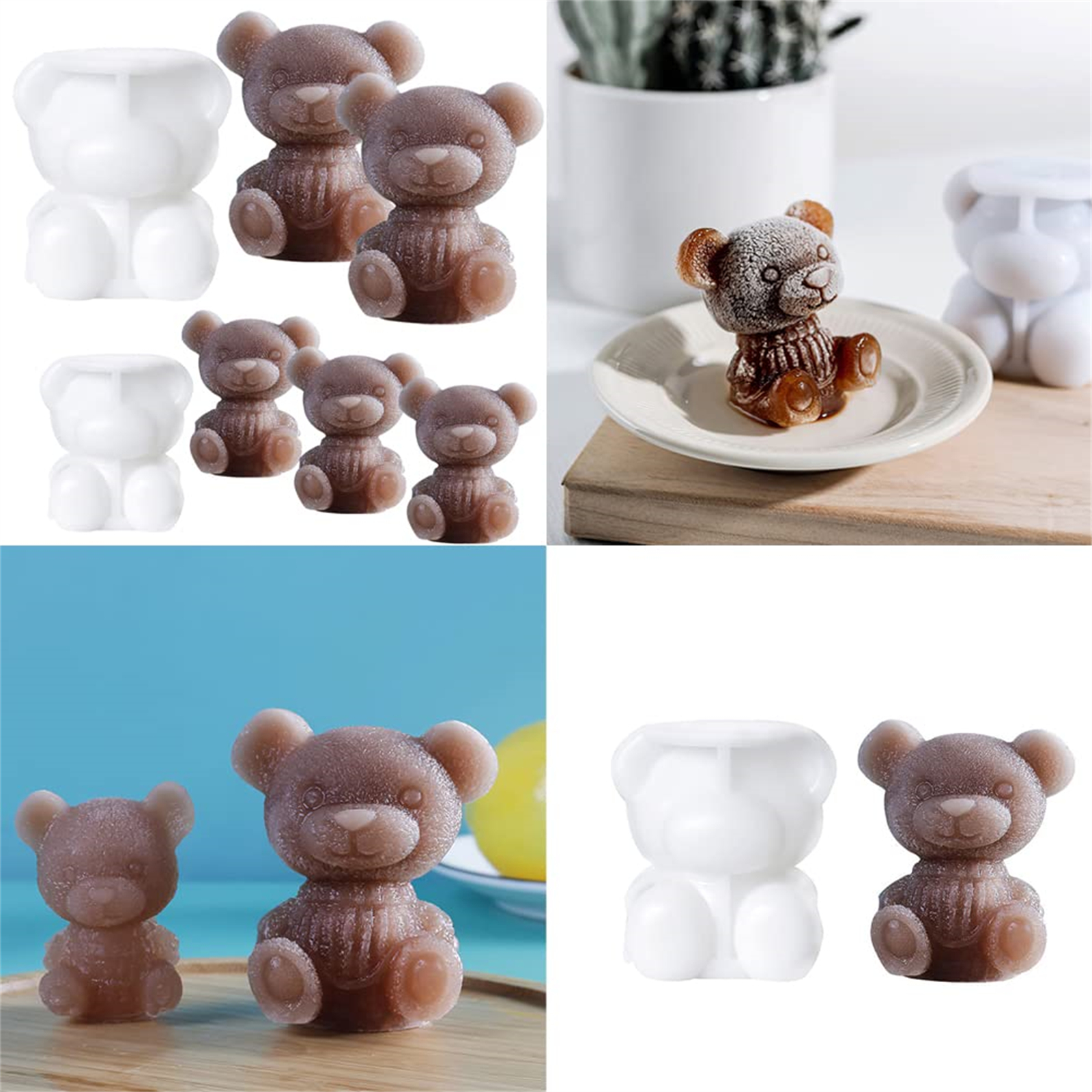 Eine Collage aus bärenförmigen Eiswürfelformen und Eiswürfeln, einige weiß und einige braun, die in verschiedenen Umgebungen ausgestellt sind.