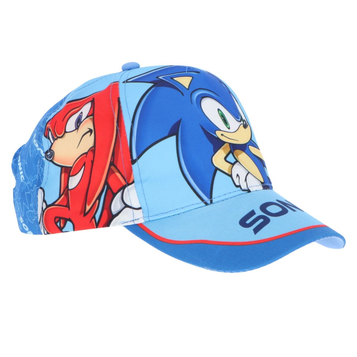 Eine blaue Baseballkappe mit den Zeichentrickfiguren Sonic und Knuckles, mit dem Wort 'SONIC'.