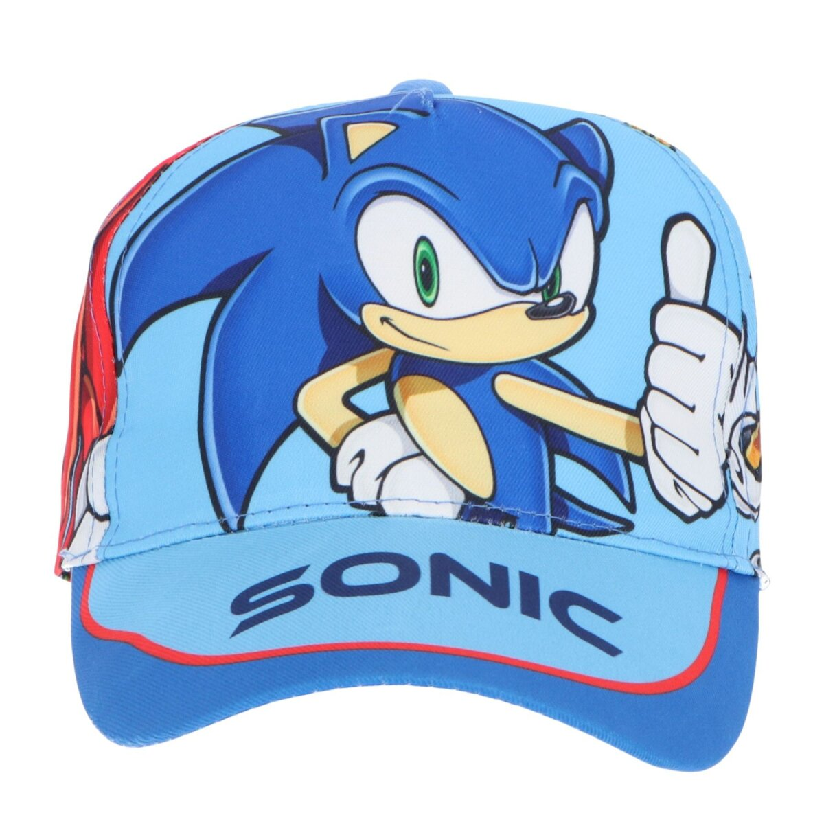 Blaue Sonic the Hedgehog-Kappe mit Logo und Charakterbild.