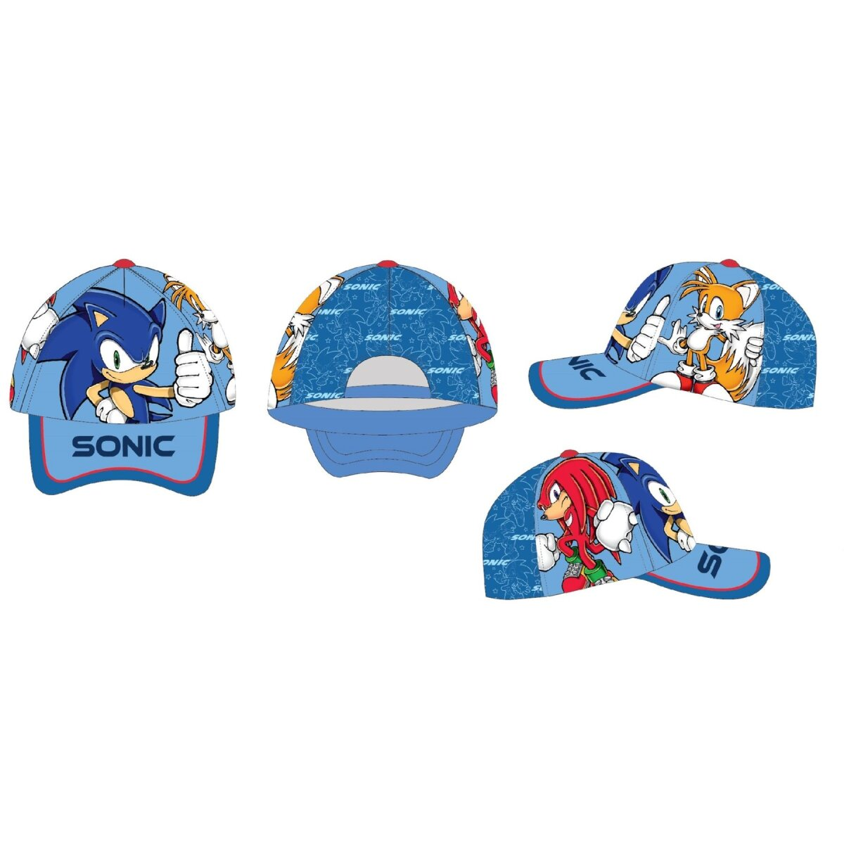 Vier Ansichten einer blauen Sonic the Hedgehog Baseballkappe mit Sonic-Charakteren.