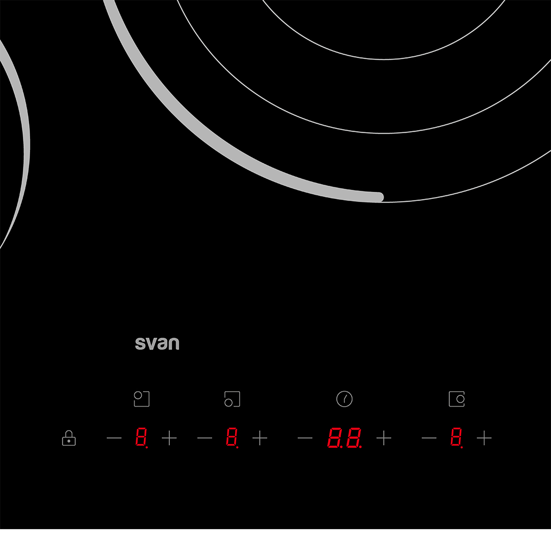 Placa de inducción negra con pantalla digital roja. Controles incluyen niveles de potencia y bloqueo.