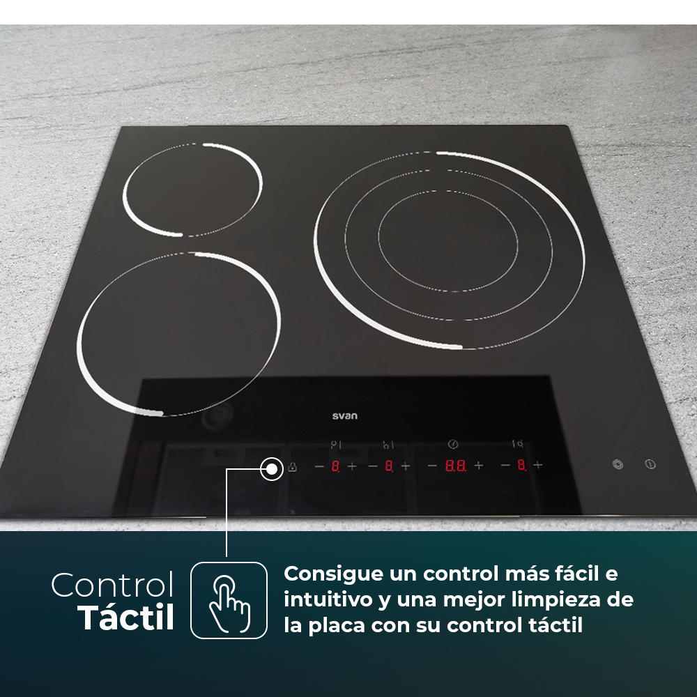 Placa de inducción negra con tres zonas de cocción. Control táctil destacado. Texto en español.