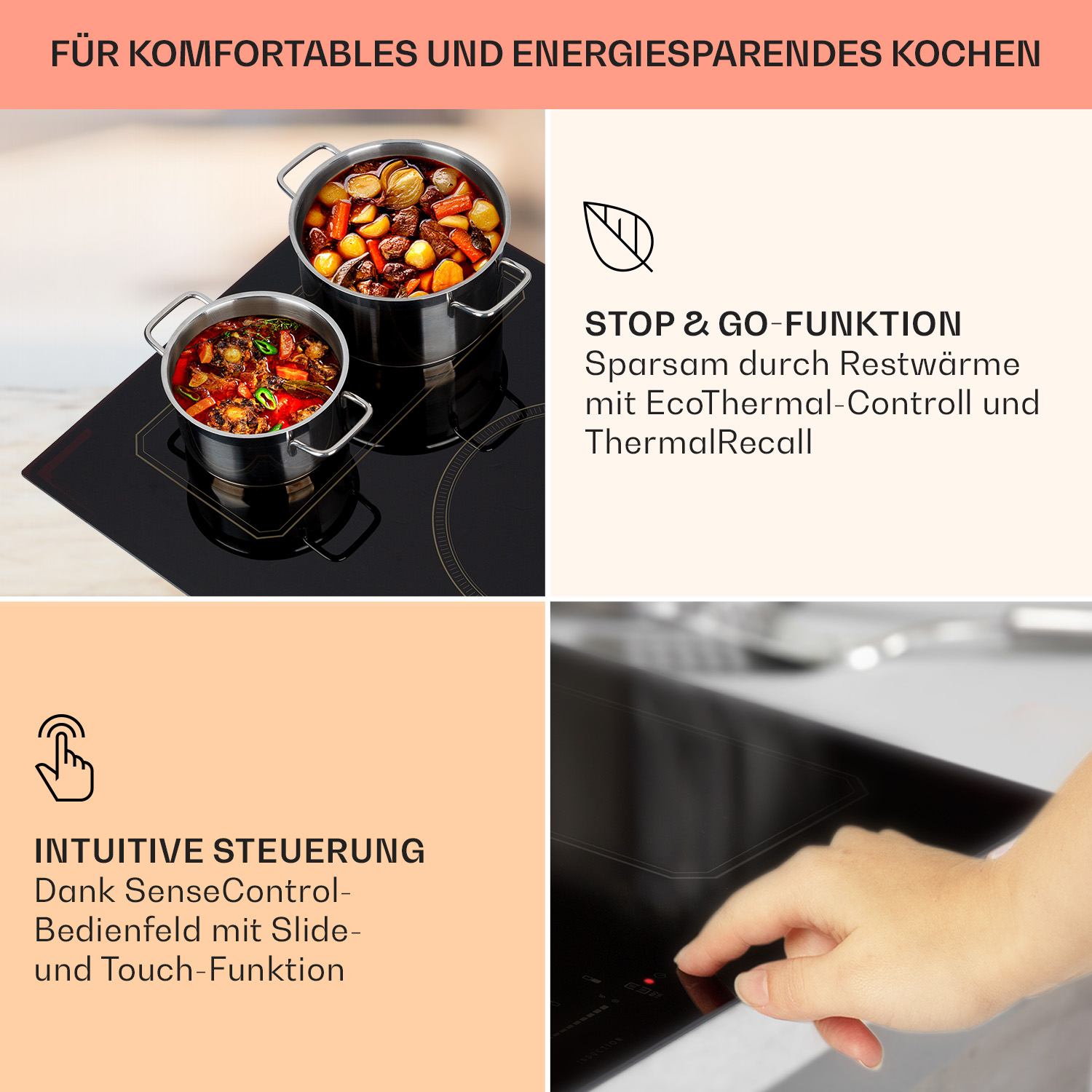 Induktionskochfeld mit zwei Kochtöpfen. Text auf Deutsch über Stopp & Go und Steuerung.