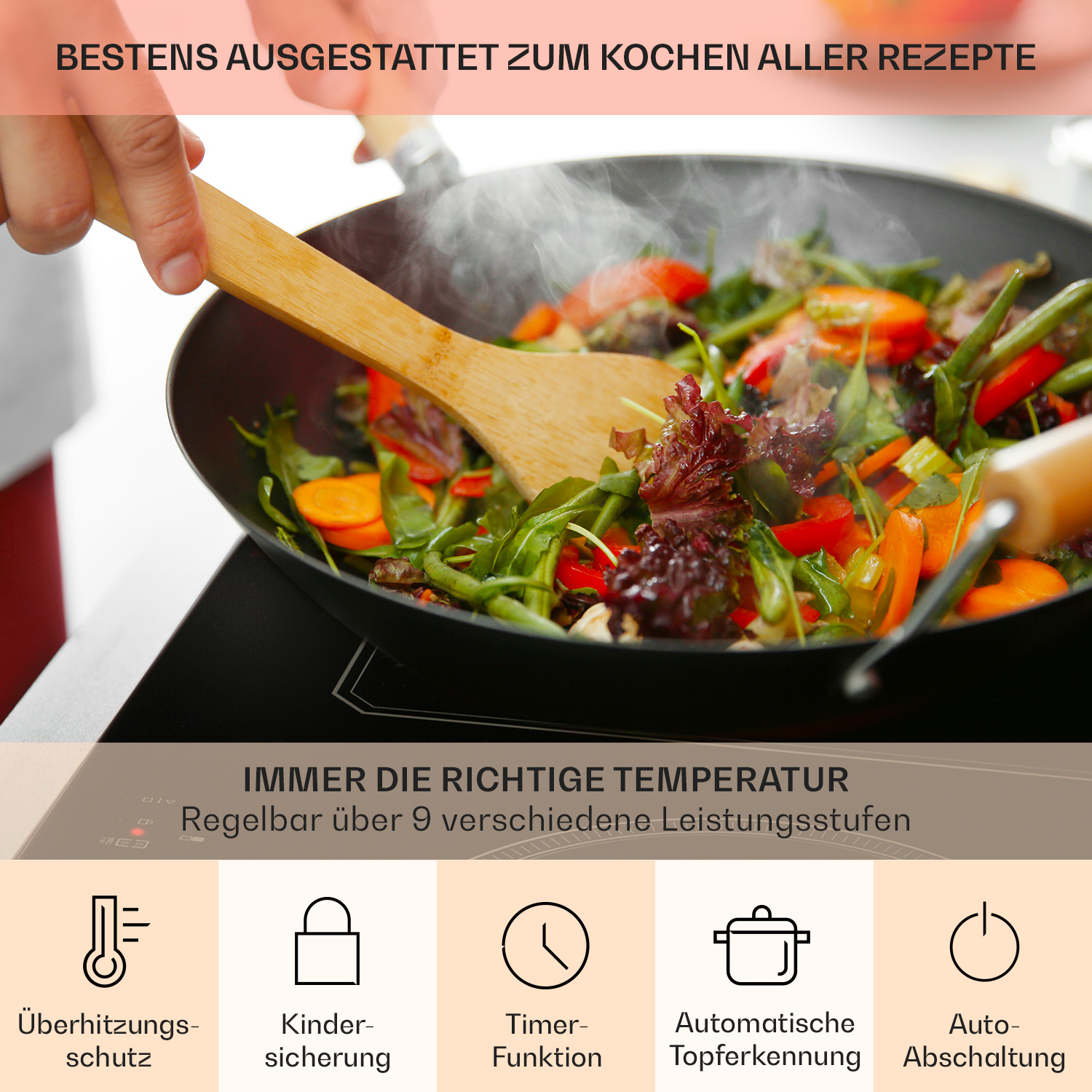 Induktionskochfeld mit einer Pfanne. Text auf Deutsch über Temperatur und Sicherheitsmerkmale.