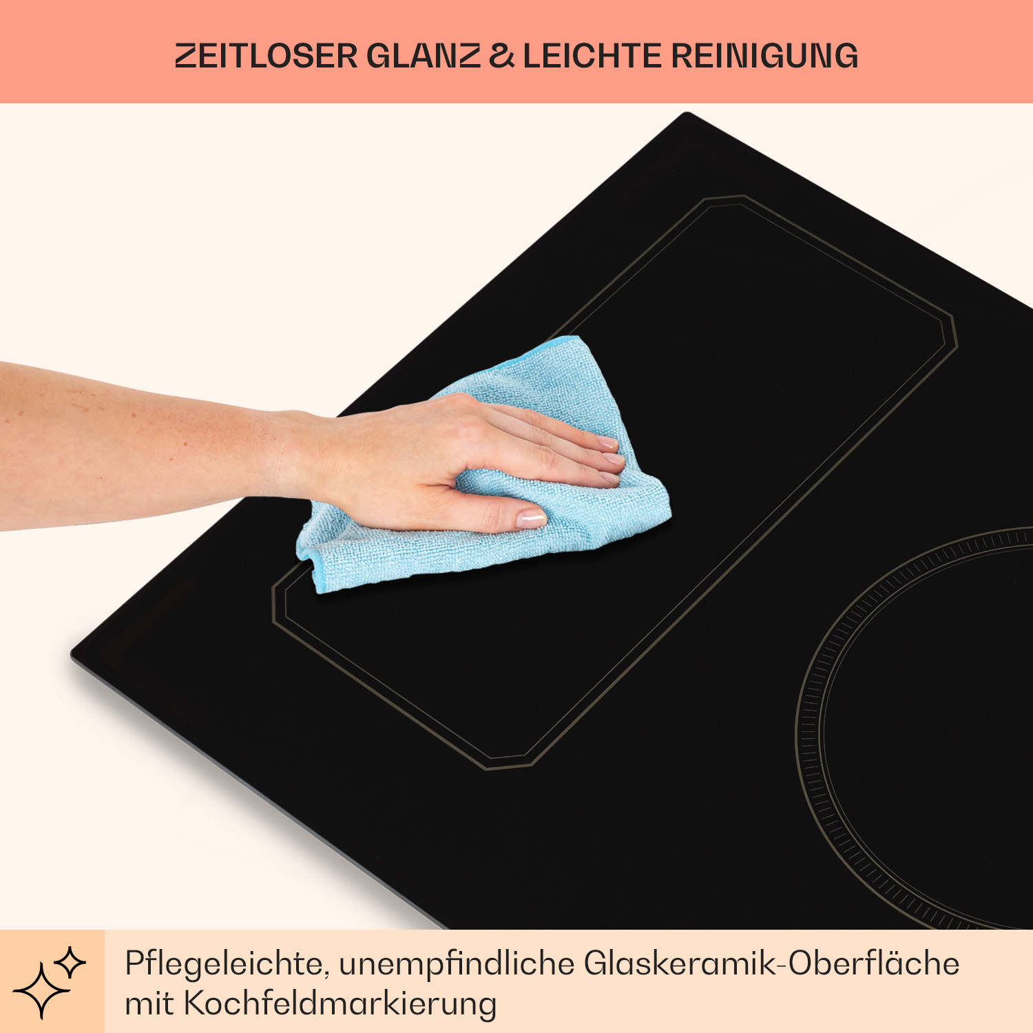 Eine Hand reinigt ein schwarzes Kochfeld mit einem blauen Tuch. Text oben: zeitloser Glanz & leichte Reinigung.