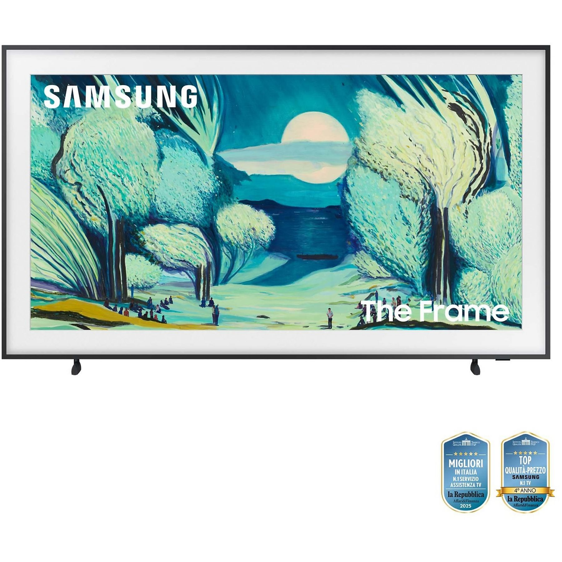 Samsung Frame TV, arte esposto. La cornice è nera, lo schermo mostra un dipinto di paesaggio. Distintivi di premio sotto.