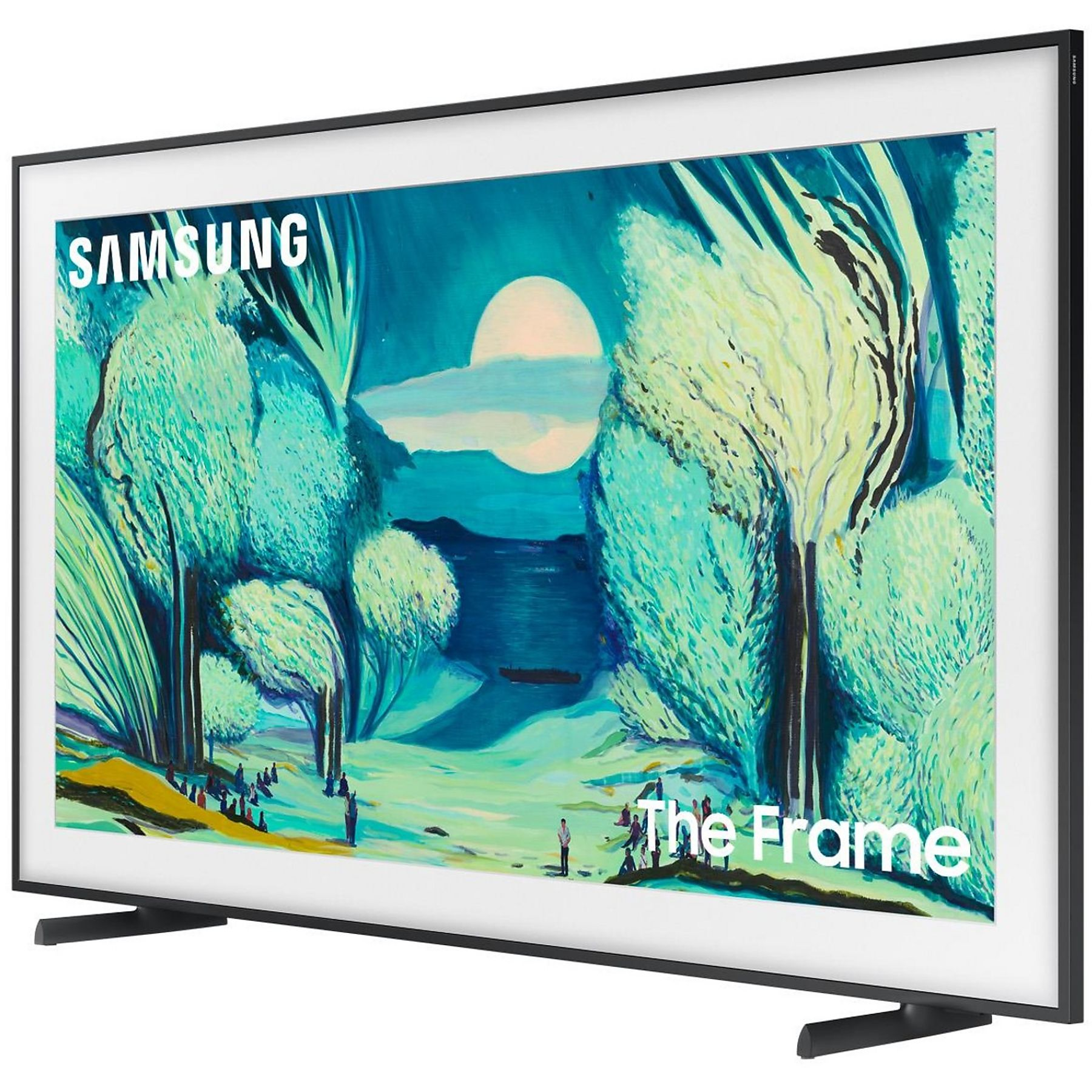 La TV Samsung Frame mostra un'opera d'arte con alberi, una luna e persone. La cornice è nera.