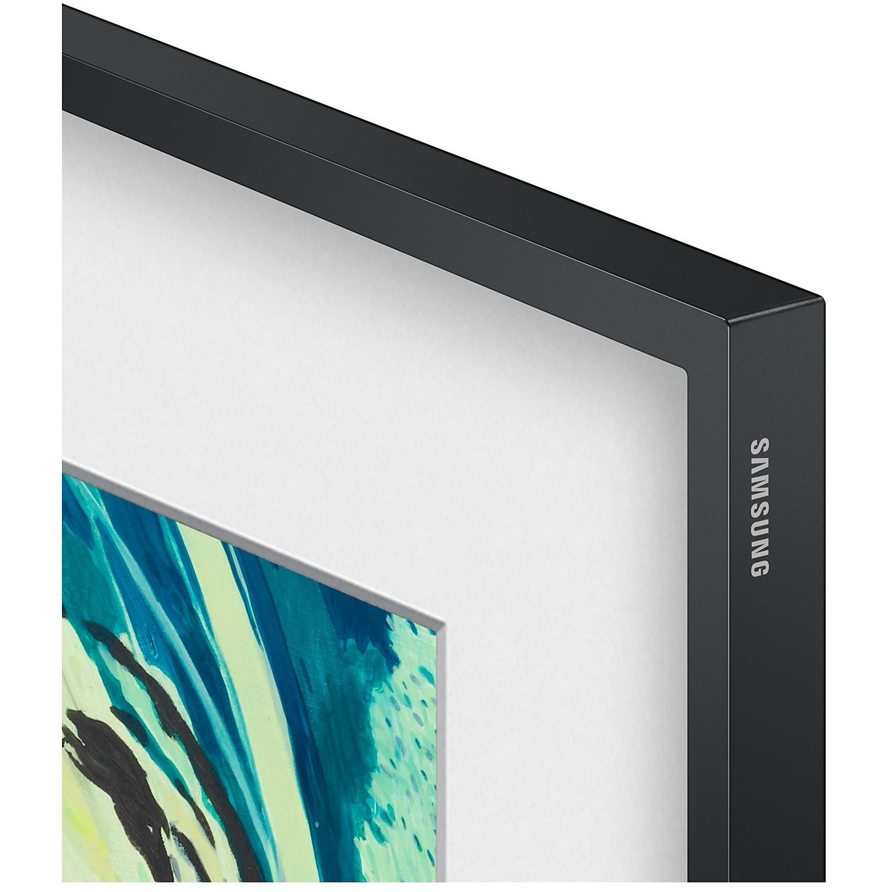 Un primo piano mostra il lato di un Samsung Frame TV con cornice nera.