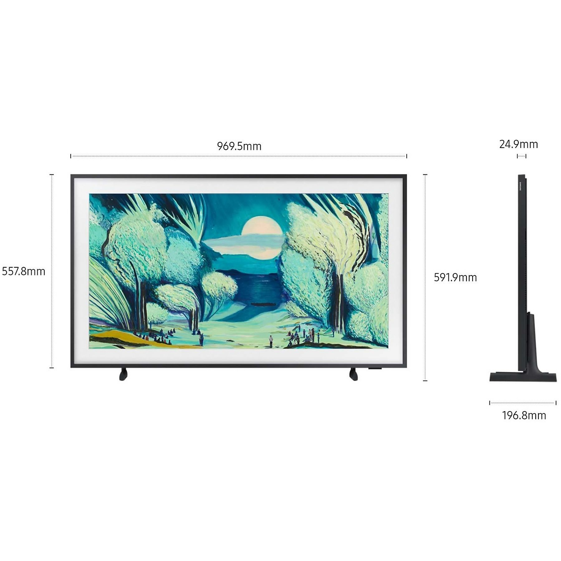 Samsung Frame TV che mostra le dimensioni: 969,5 mm di larghezza, 557,8 mm di altezza, 24,9 mm di spessore. Cornice e supporto neri.