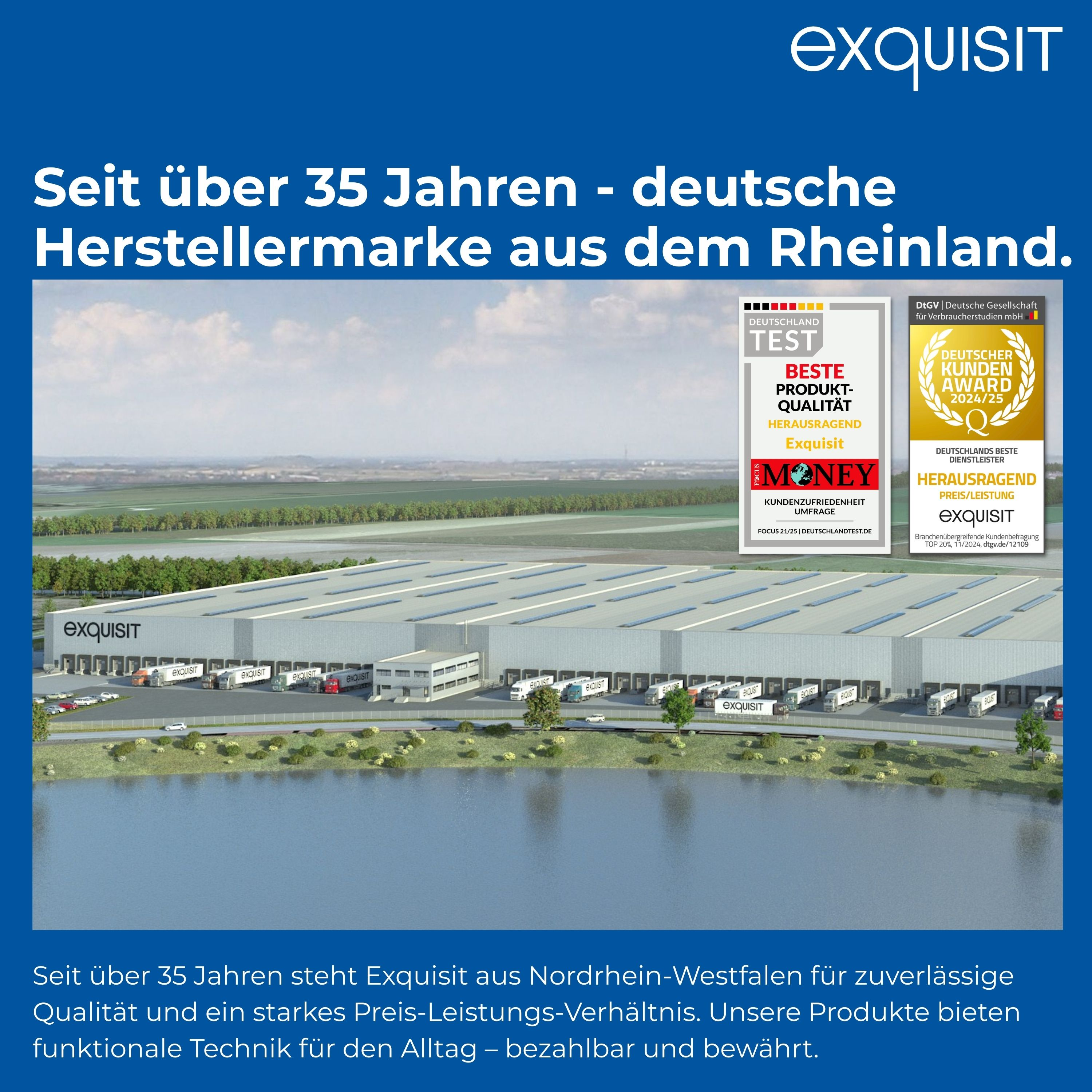 Lagerkomplex mit Exquisit-Logo, Text über 35 Jahre der Marke und Auszeichnungen.