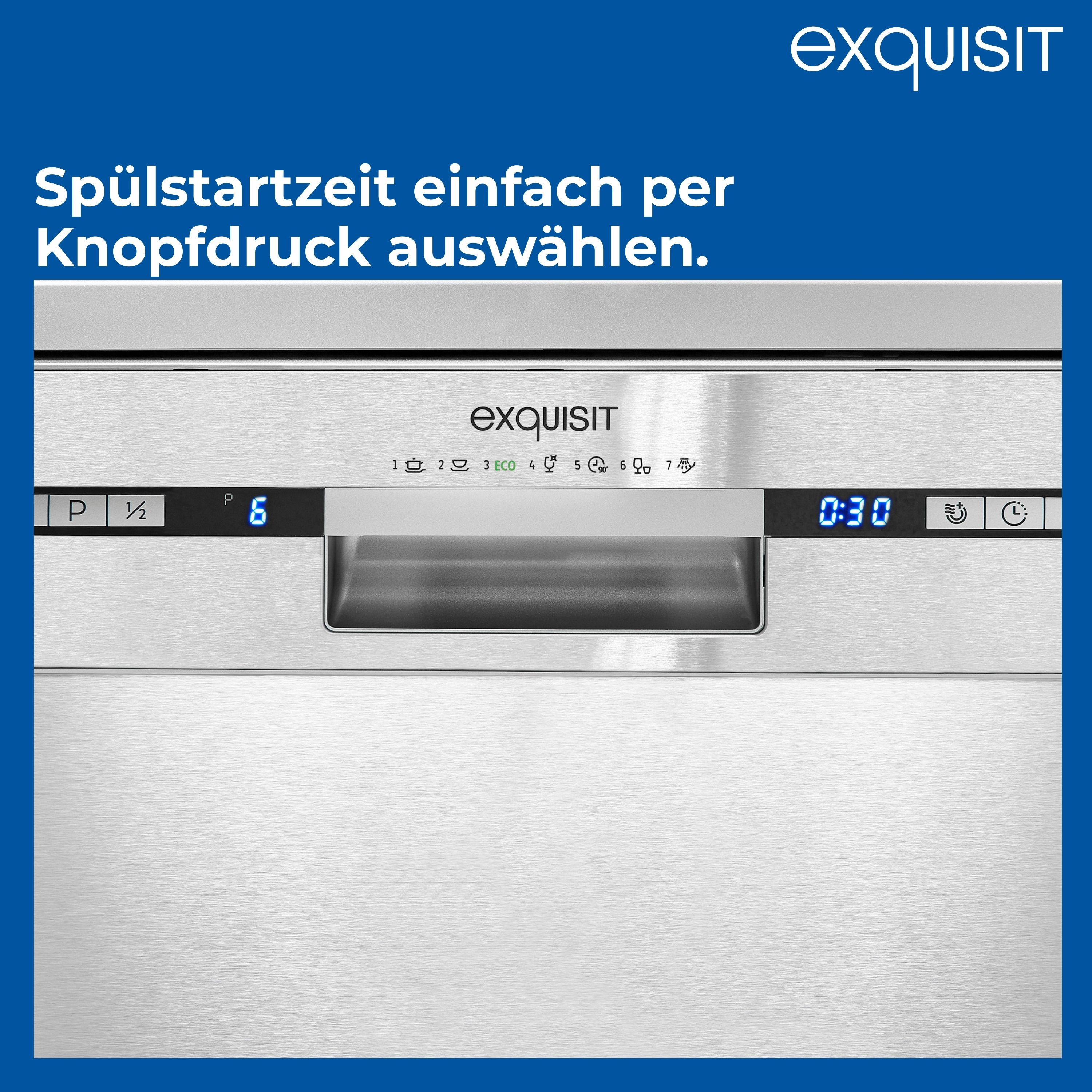 Nahaufnahme eines silbernen Exquisit-Geschirrspüler-Bedienfelds. Text: Spülstartzeit einfach per Knopfdruck auswählen.