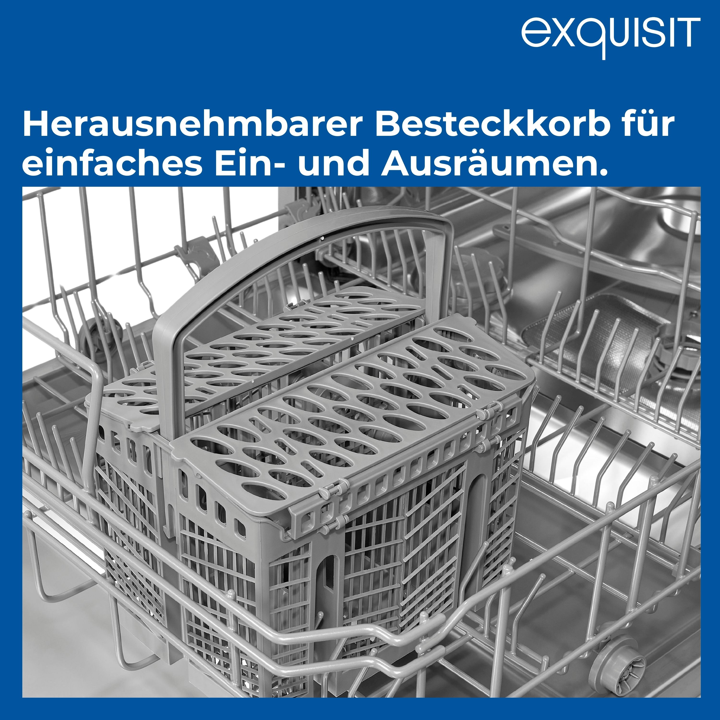 Geschirrspülerinnenraum mit herausnehmbarem Besteckkorb.