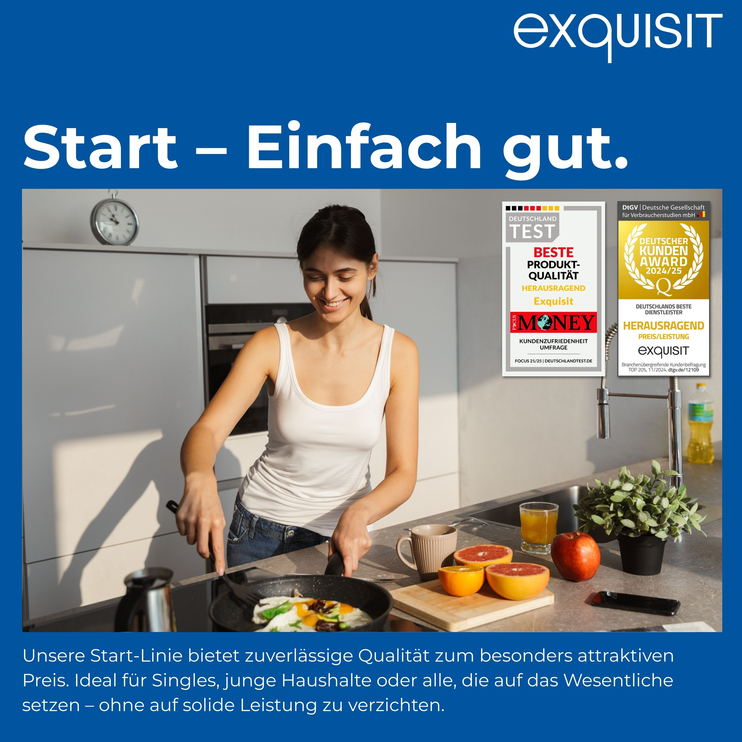 Frau kocht mit Pfanne auf dem Herd, Auszeichnungen und Früchte auf der Theke, Exquisit-Werbung.