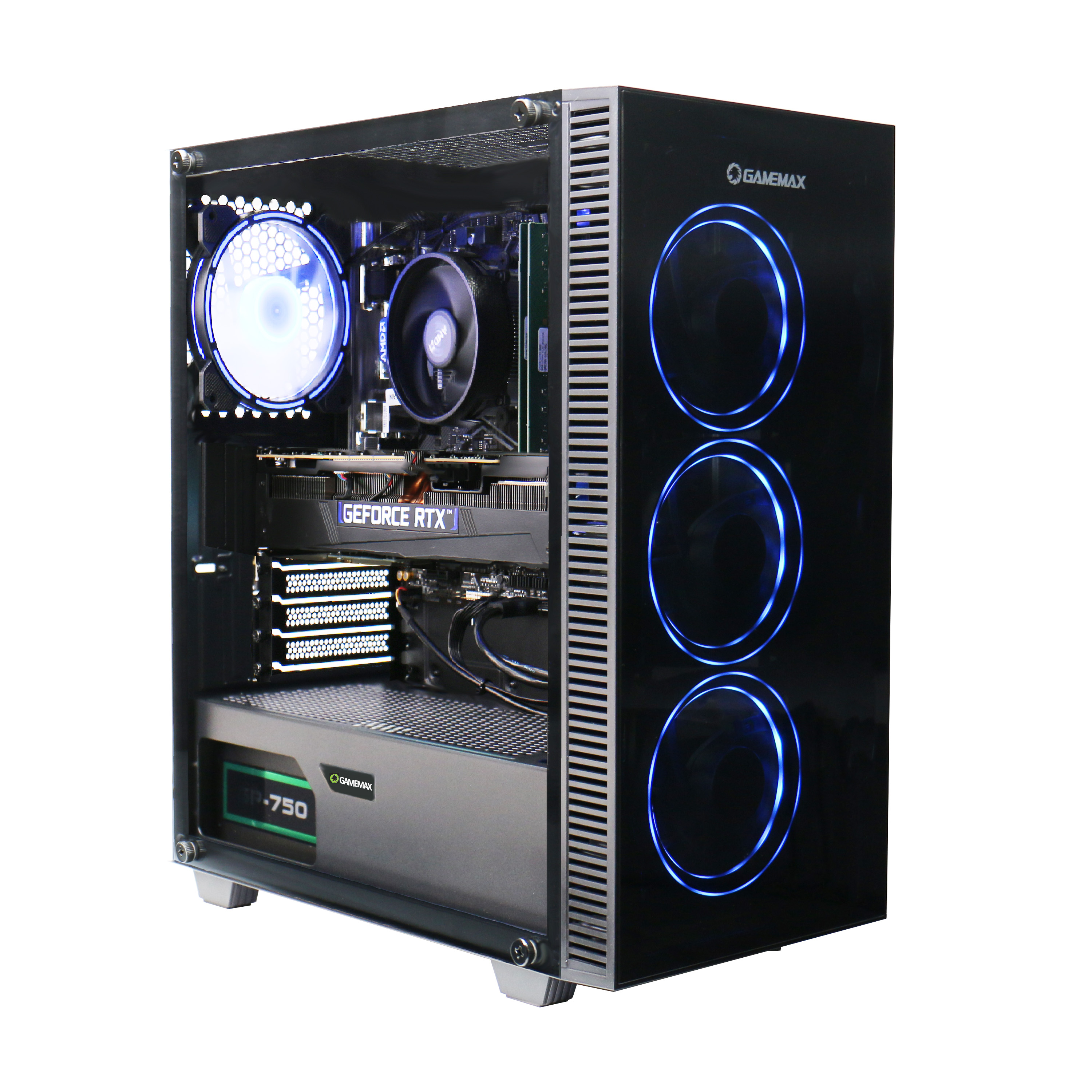 Ein Computer-Tower mit Glas-Seitenwand, interne Komponenten sichtbar.
