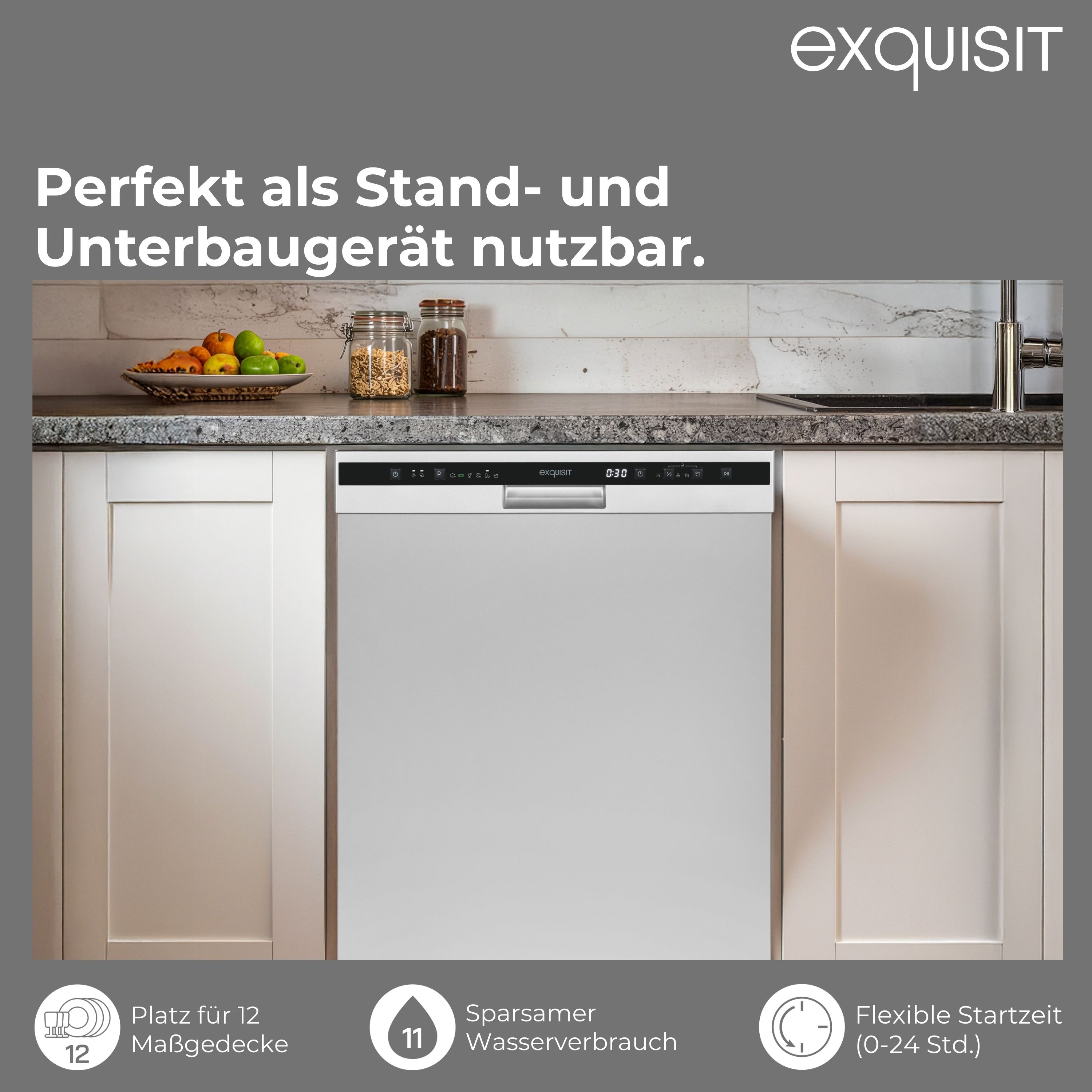 Eine weiße Spülmaschine ist in einer Küche eingebaut. Sie befindet sich unter einer Arbeitsplatte und zwischen weißen Schränken.