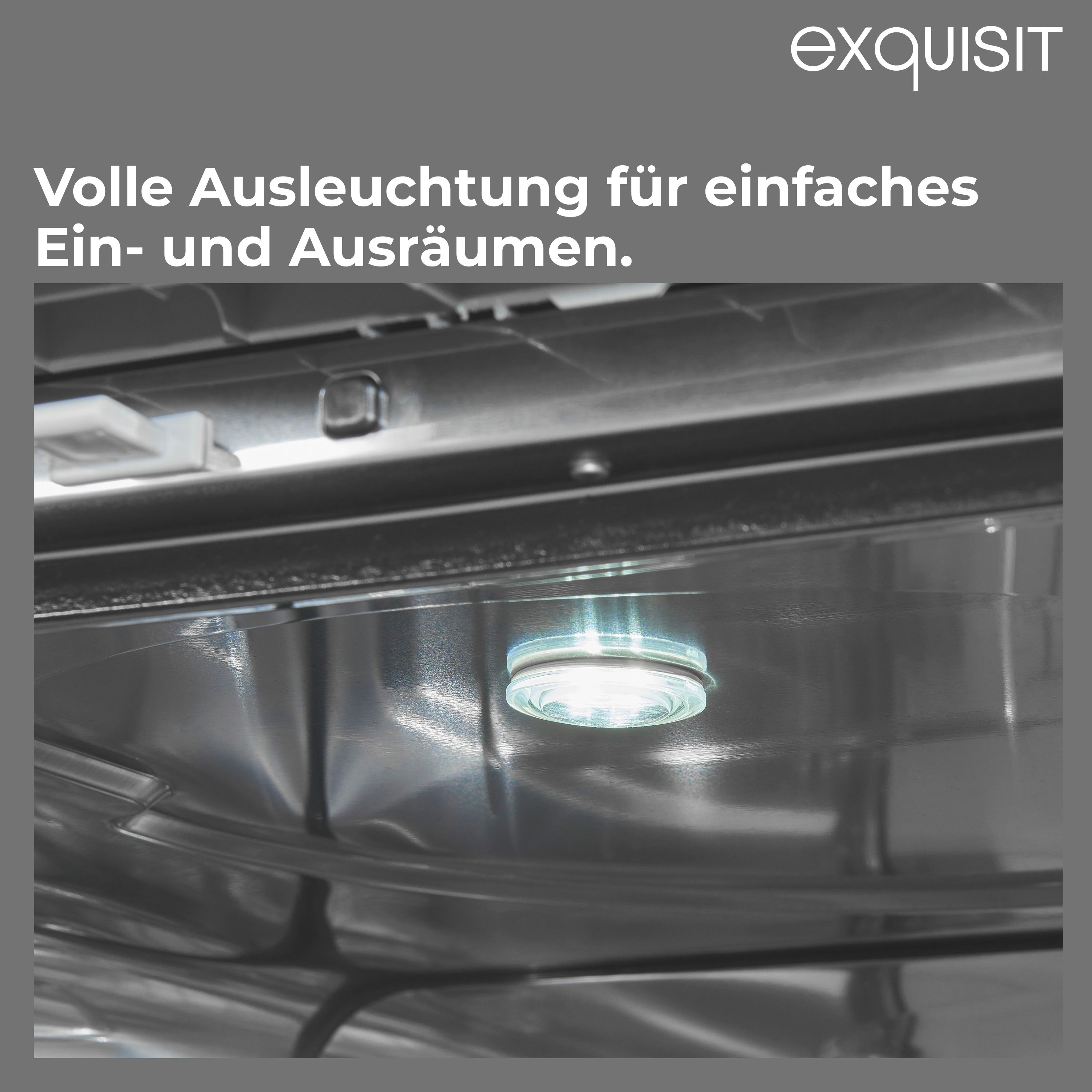 Eine Nahaufnahme zeigt die Innenbeleuchtung eines Exquisit Geschirrspülers und hebt die helle Ausleuchtung für einfaches Beladen hervor.