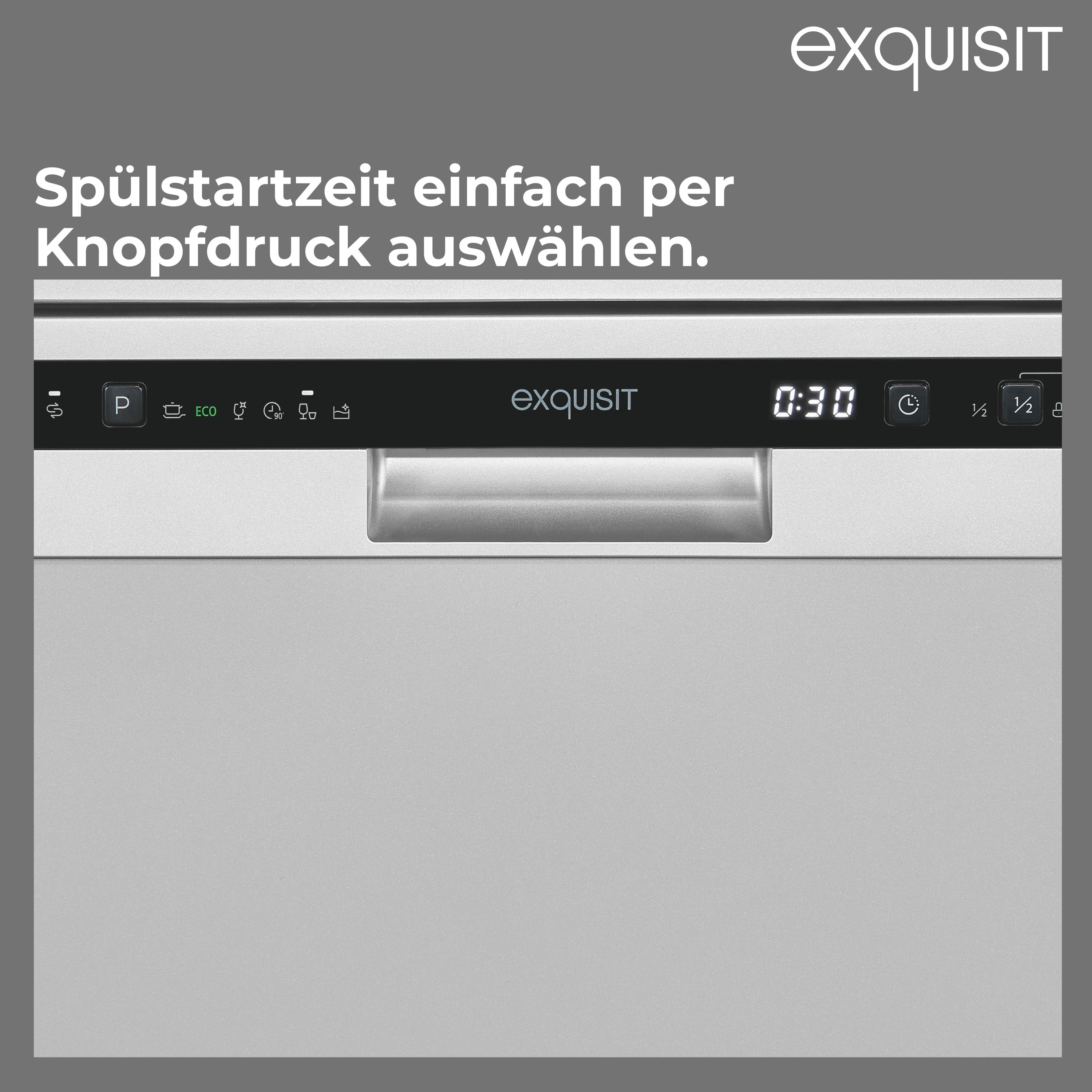 Eine Nahaufnahme eines Exquisit Geschirrspüler-Bedienfelds, das die einfache Startzeit-Auswahl per Knopfdruck hervorhebt.