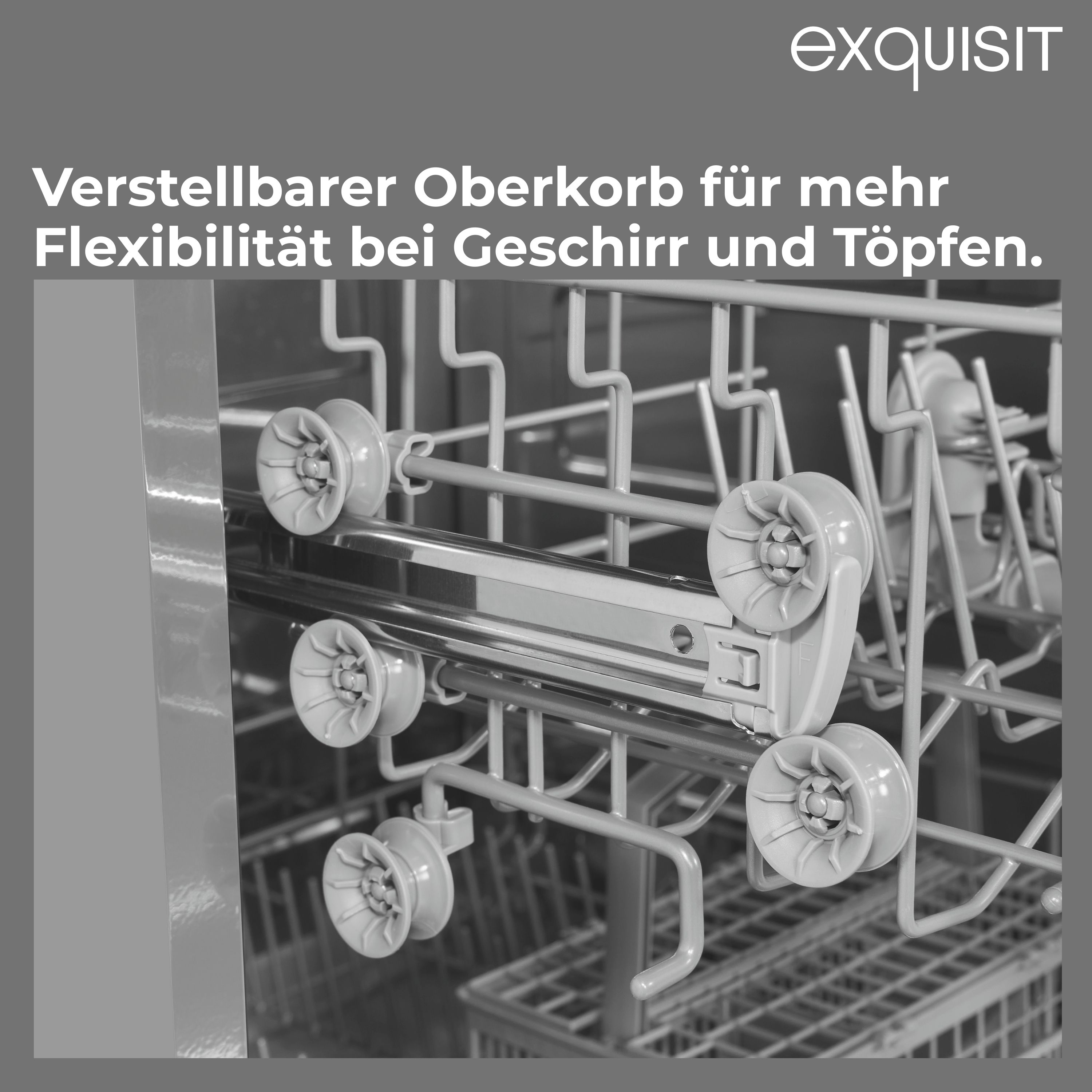 Eine Nahaufnahme eines verstellbaren Oberkorbs in einem Exquisit Geschirrspüler, der Flexibilität für Geschirr und Töpfe bietet.