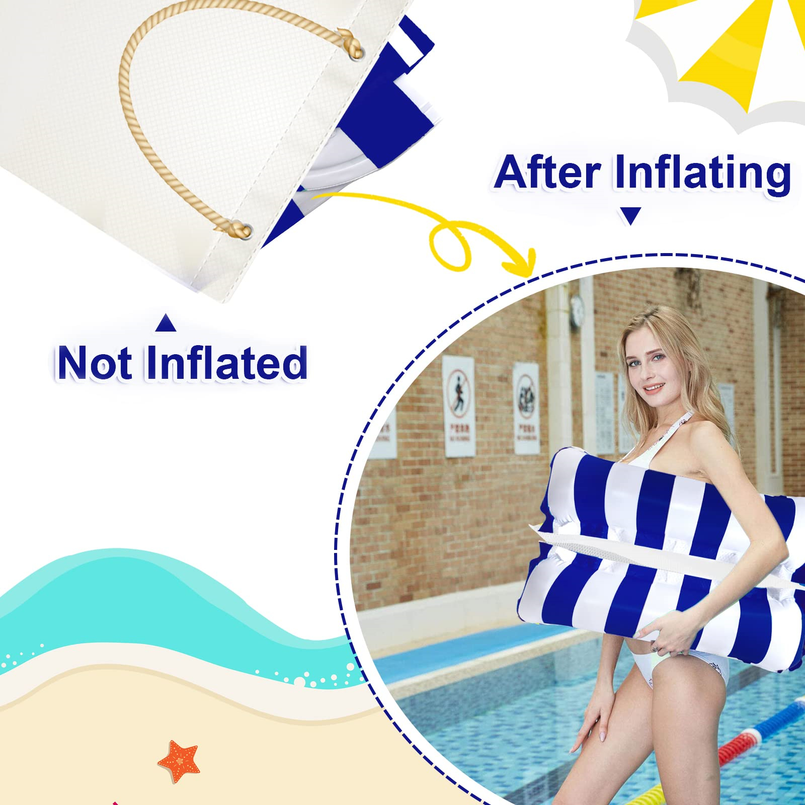 Eine Frau hält eine aufblasbare Pool-Schwimminsel. Die Schwimminsel ist blau und weiß gestreift. Das Bild zeigt auch eine nicht aufgeblasene.