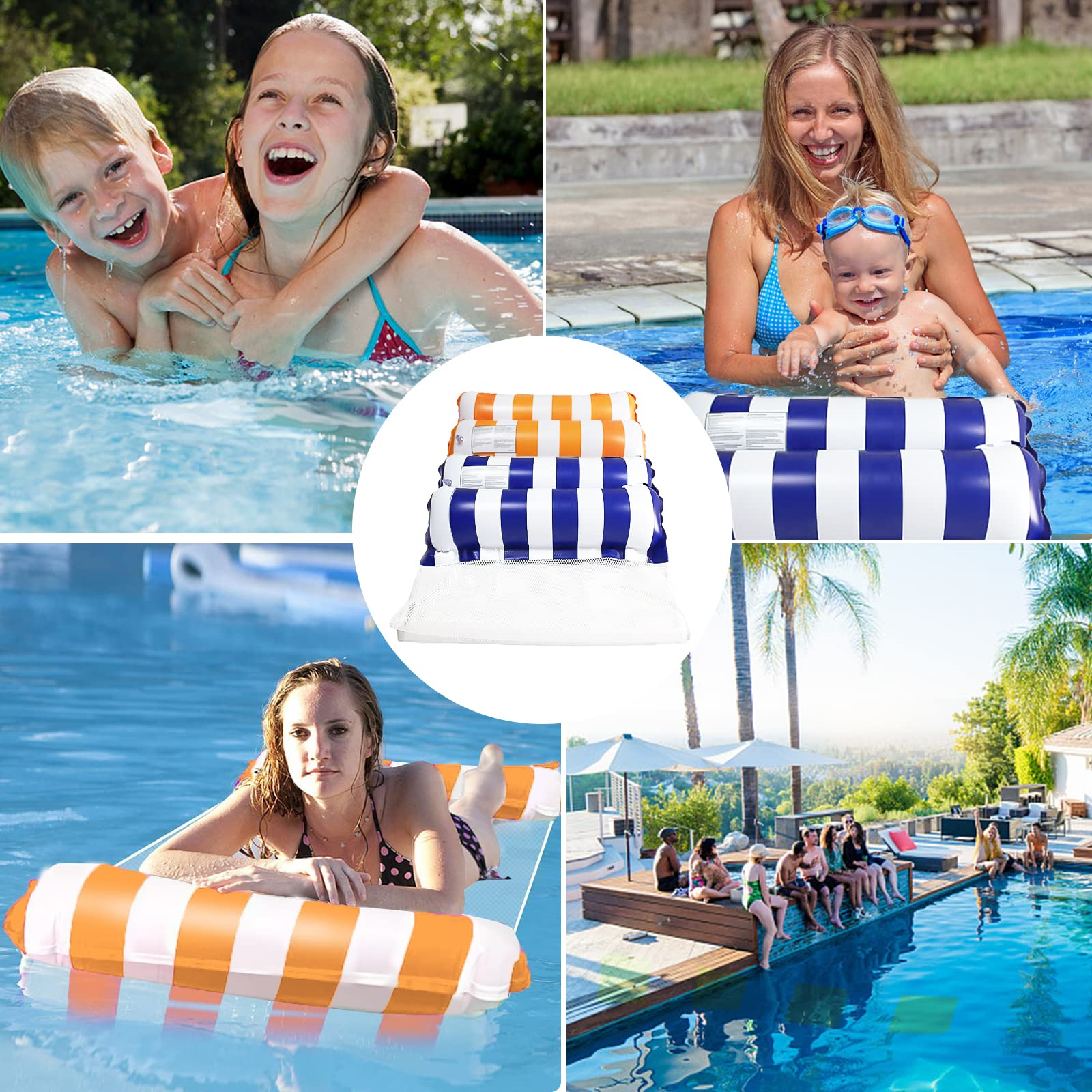 Mehrere Bilder von Menschen in einem Pool mit aufblasbaren Pool-Schwimmkörpern.
