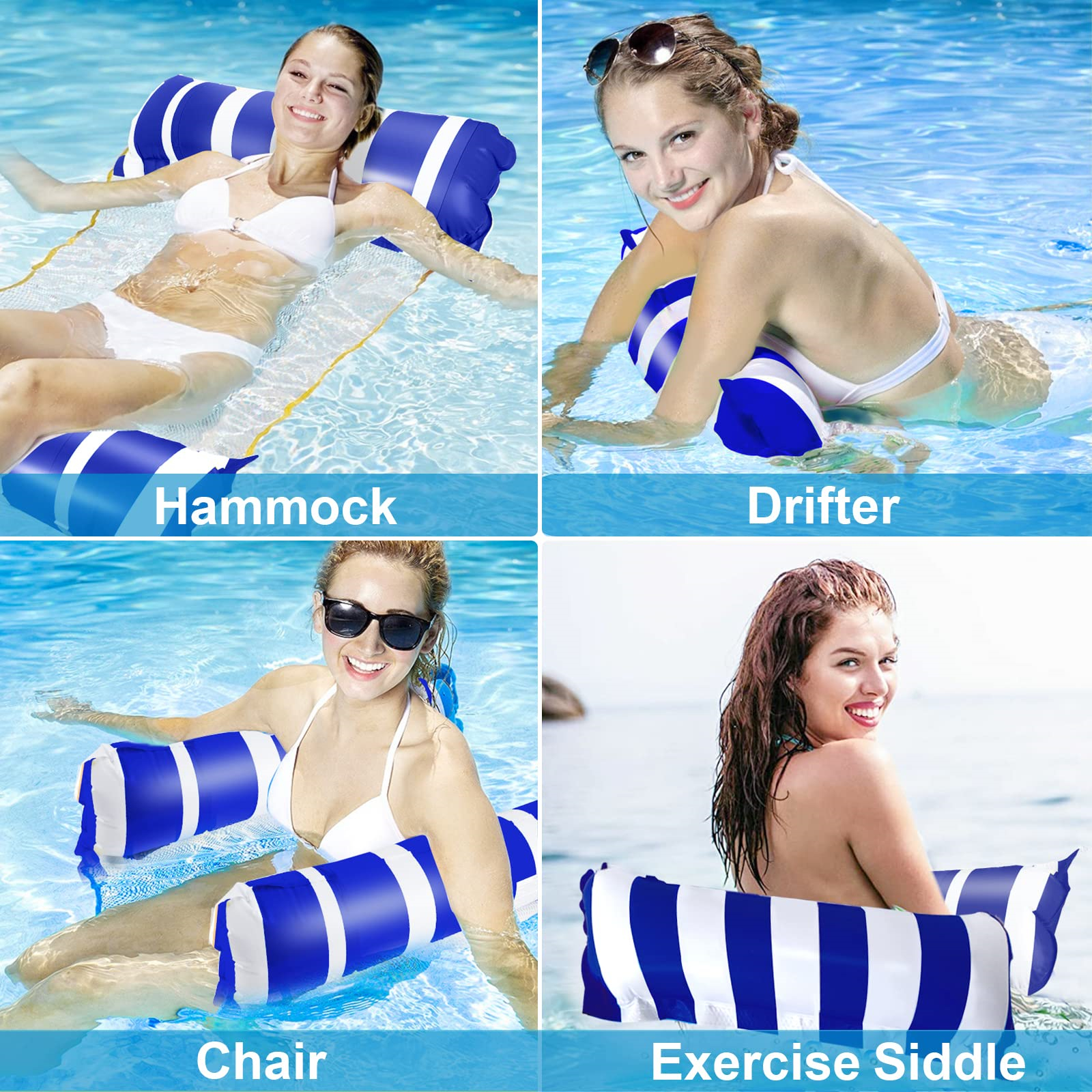 Vier Bilder von Menschen in einem Pool mit aufblasbaren Pool-Schwimmkörpern in verschiedenen Positionen.