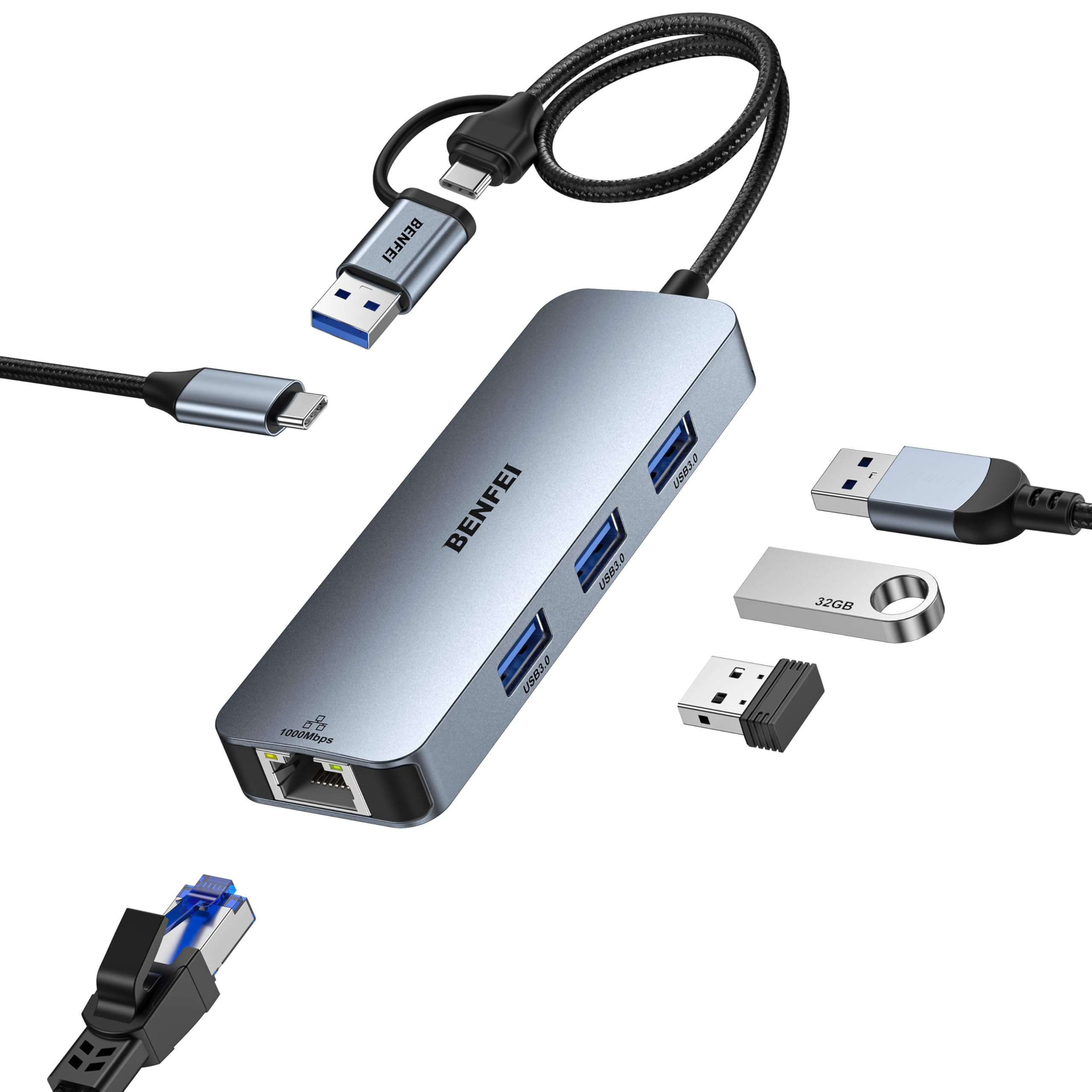 Ein grauer USB-Hub mit mehreren Anschlüssen, USB-Kabeln und verschiedenen USB-Geräten.