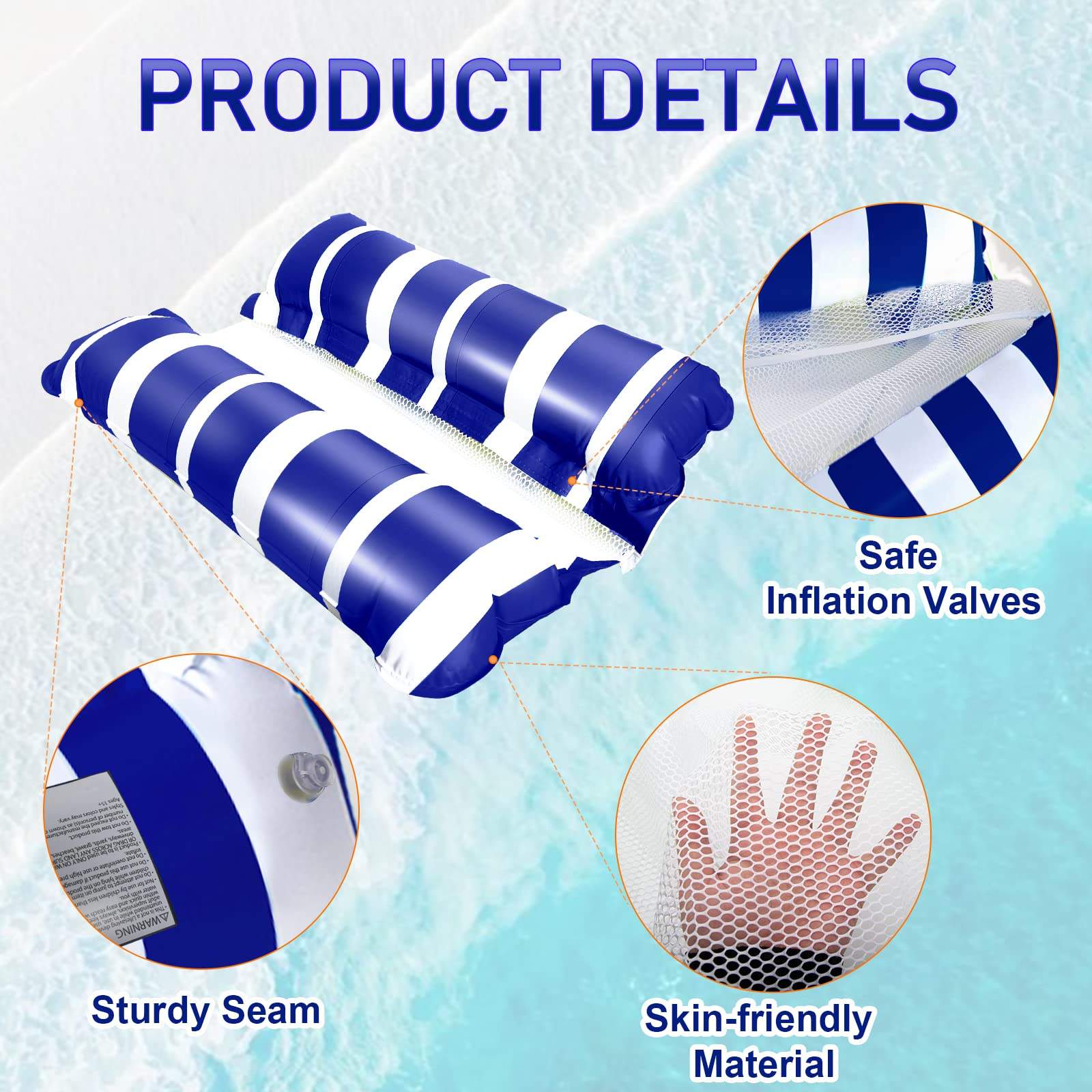 Produktdetails eines aufblasbaren Pool-Schwimmkörpers, Hervorhebung von Nähten und Material.