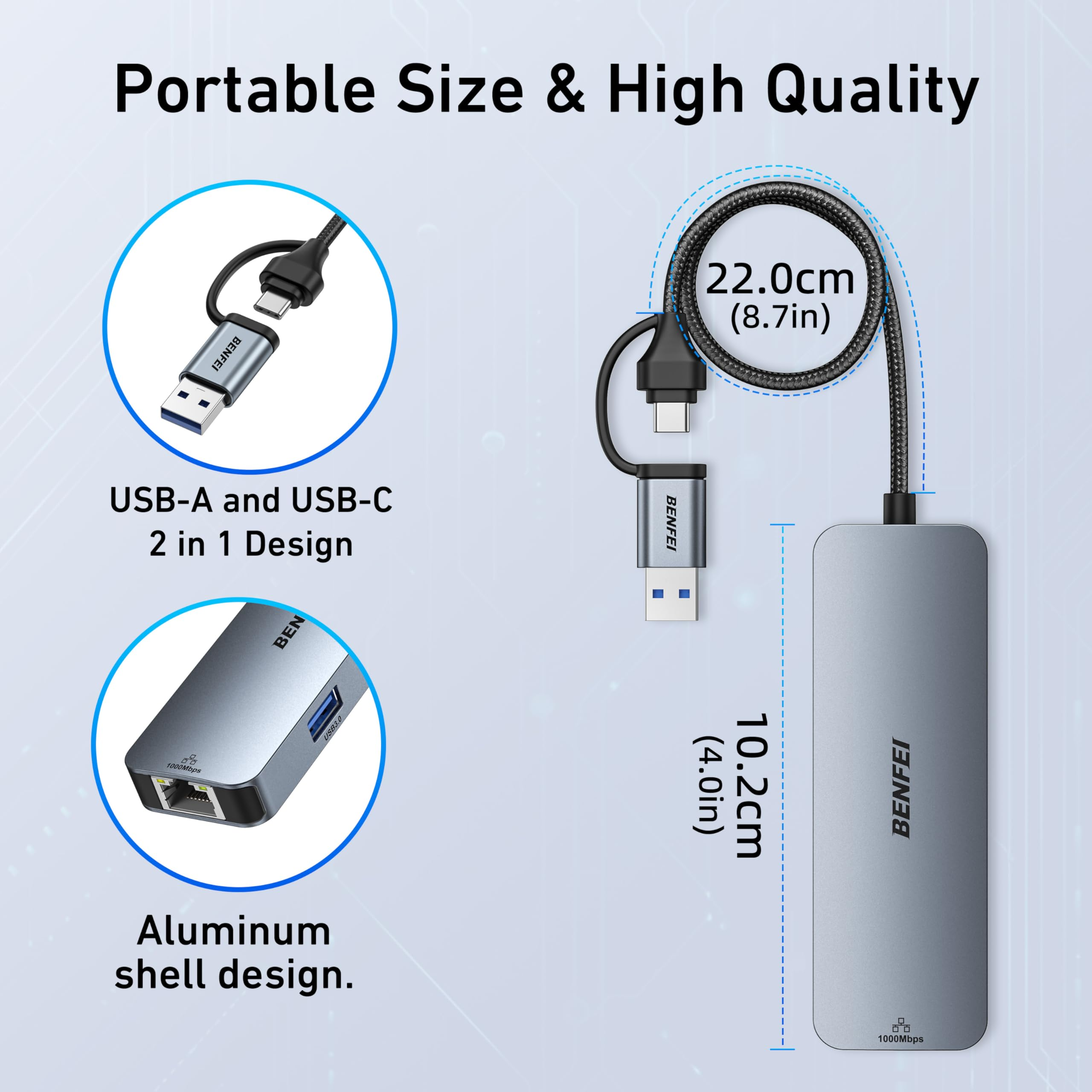 Ein USB-Hub wird mit Abmessungen angezeigt. Es ist silberfarben, hat Anschlüsse und ein 2-in-1-Design aus USB-A und USB-C.