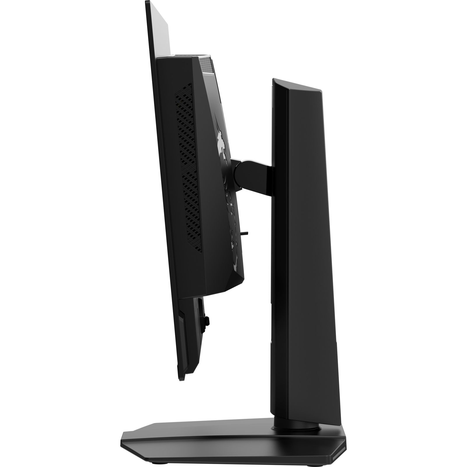 Czarny monitor komputera w profilu. Stojak jest czarny i na białym tle.