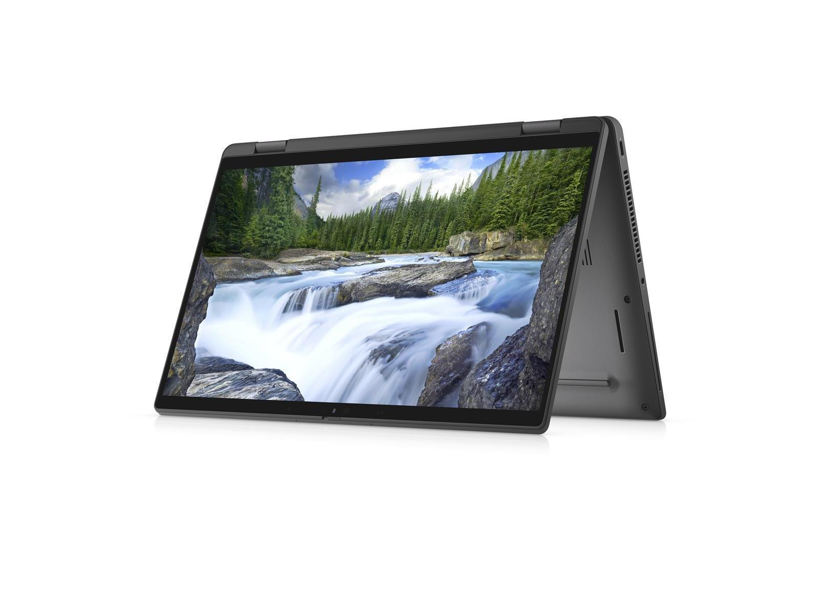 Laptop mit einem Wasserfallbild. Der Bildschirm ist geöffnet. Der Laptop ist grau, auf weißem Hintergrund.