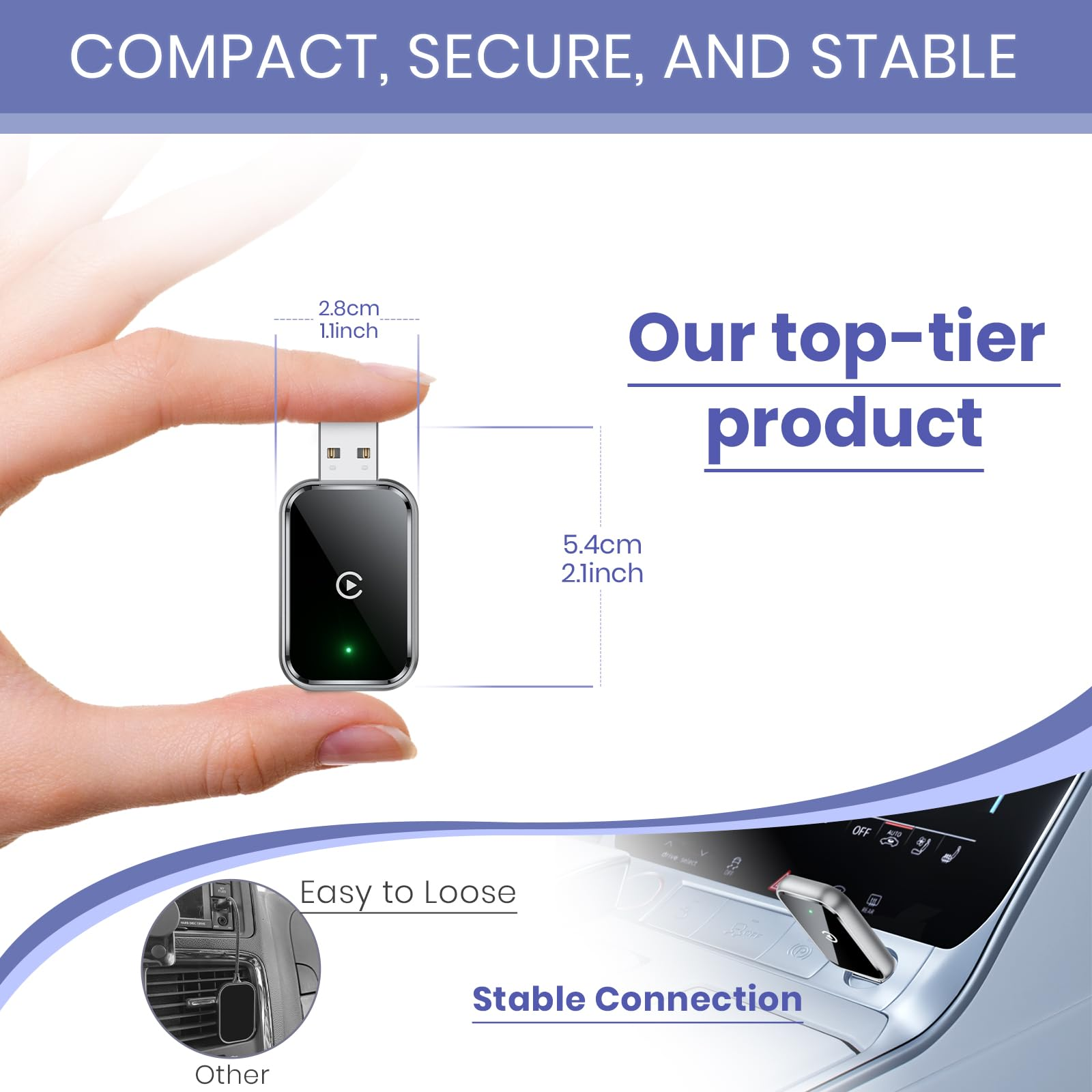 Ein Gerät mit USB-Anschluss und grünem Licht wird von einer Hand gehalten. Text: Unser Top-Produkt.