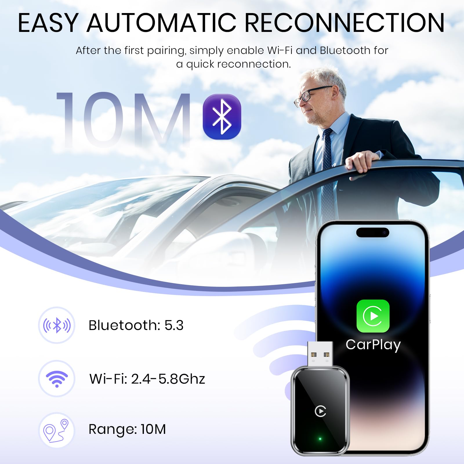 Ein Mann steht in der Nähe eines Autos mit einem Telefon und einem Gerät mit USB-Anschluss. Text: Einfache automatische Wiederverbindung.