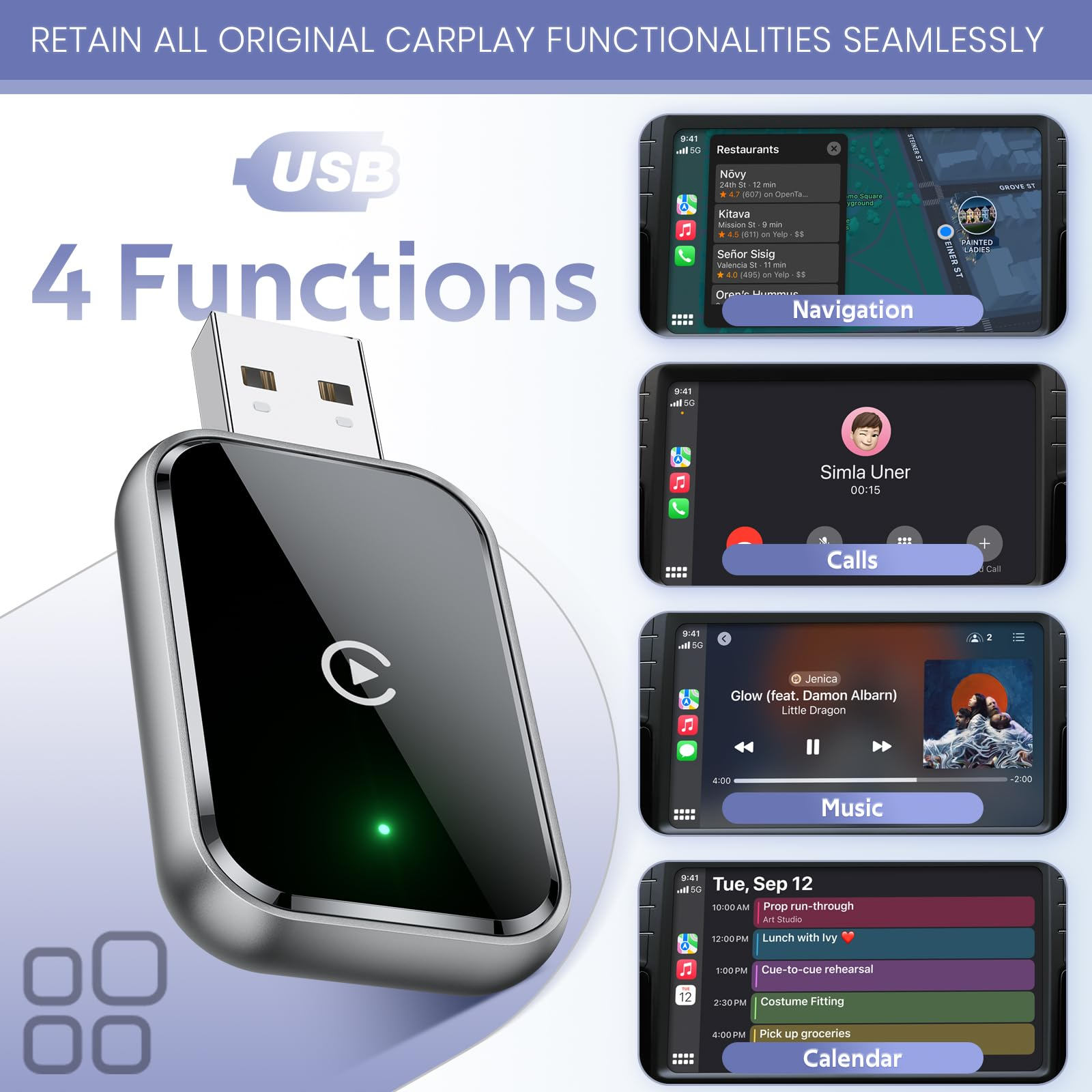 Ein schwarzes Gerät mit USB-Anschluss und 4 Funktionen. Es zeigt Navigation, Anrufe, Musik und Kalender.