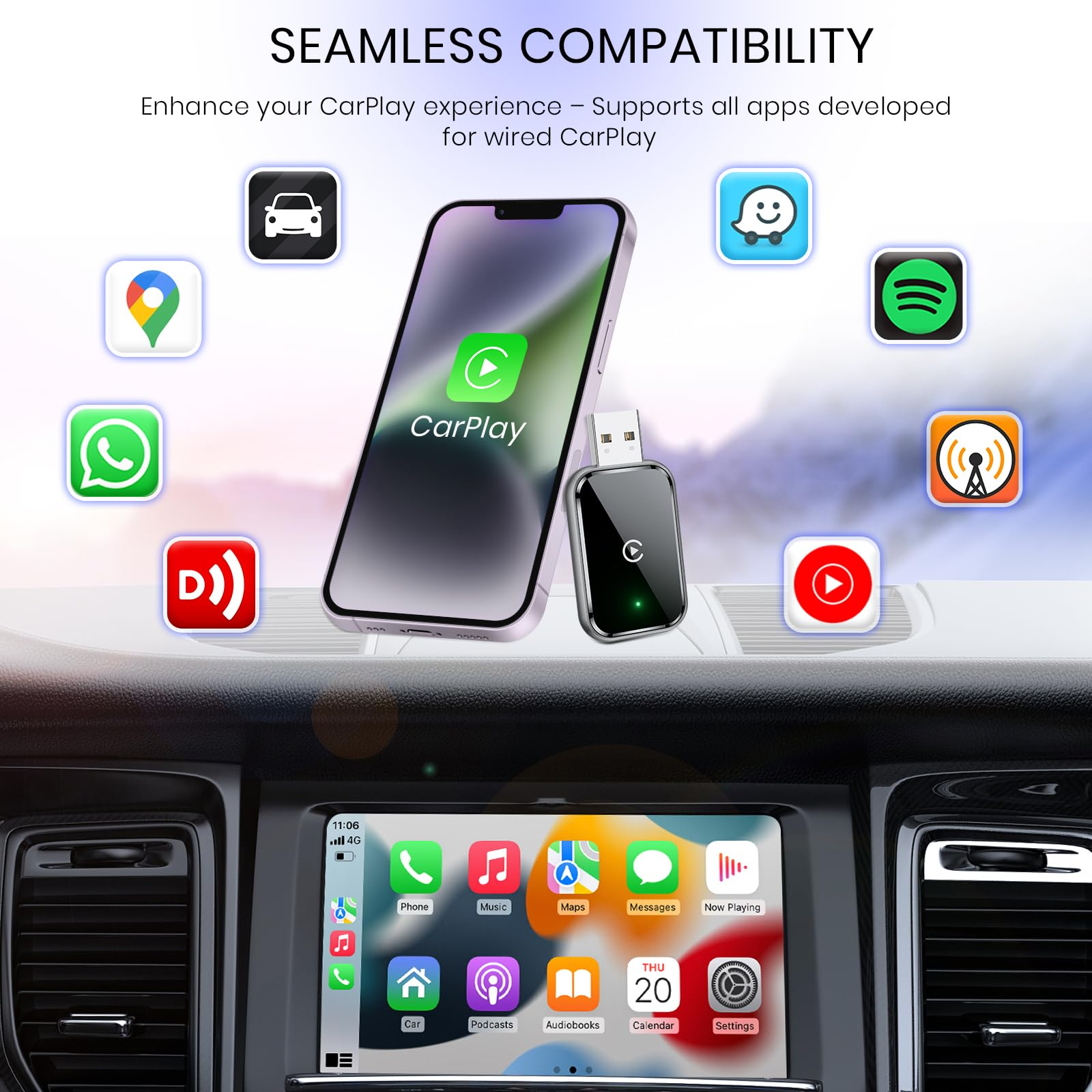 Ein schwarzes Gerät mit USB-Anschluss. Text: Nahtlose Kompatibilität und verbessert Ihr CarPlay-Erlebnis.
