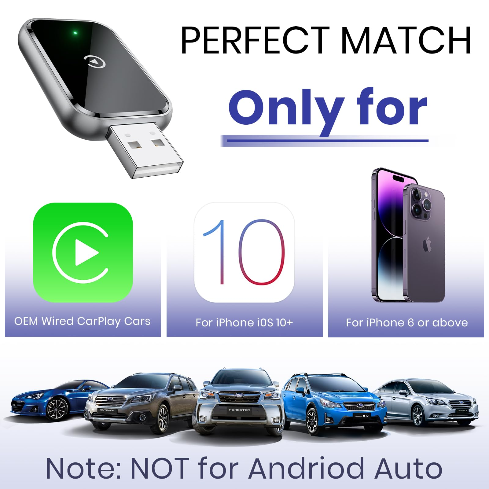 Ein USB-Gerät mit einem grünen Wiedergabeknopf, kompatibel mit iPhone 10+ und iPhone 6+ Modellen. Autos im Hintergrund.