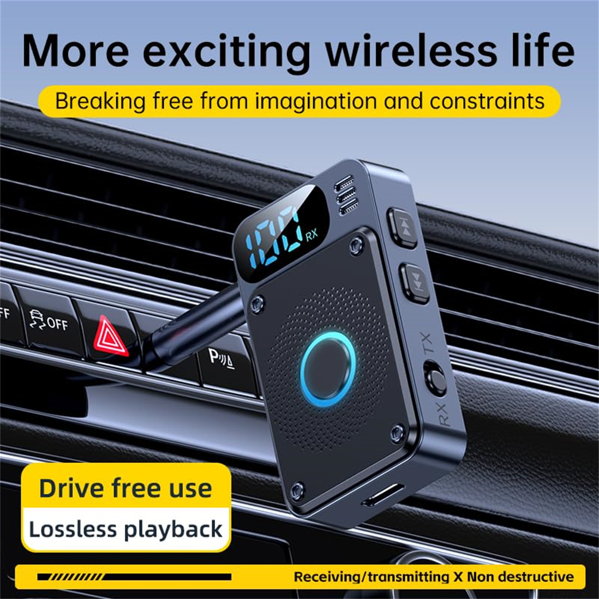 Ein Bluetooth-Empfänger ist am Armaturenbrett eines Autos montiert. Das Gerät hat einen Bildschirm.